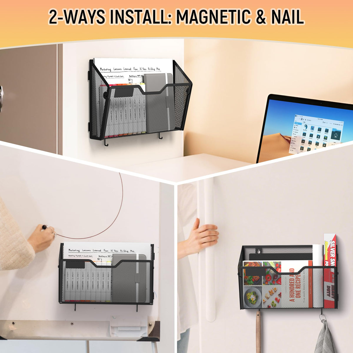 Docnest 3 Pack Dual-Mount Magnetic Mesh File Holders, Wall Organizer