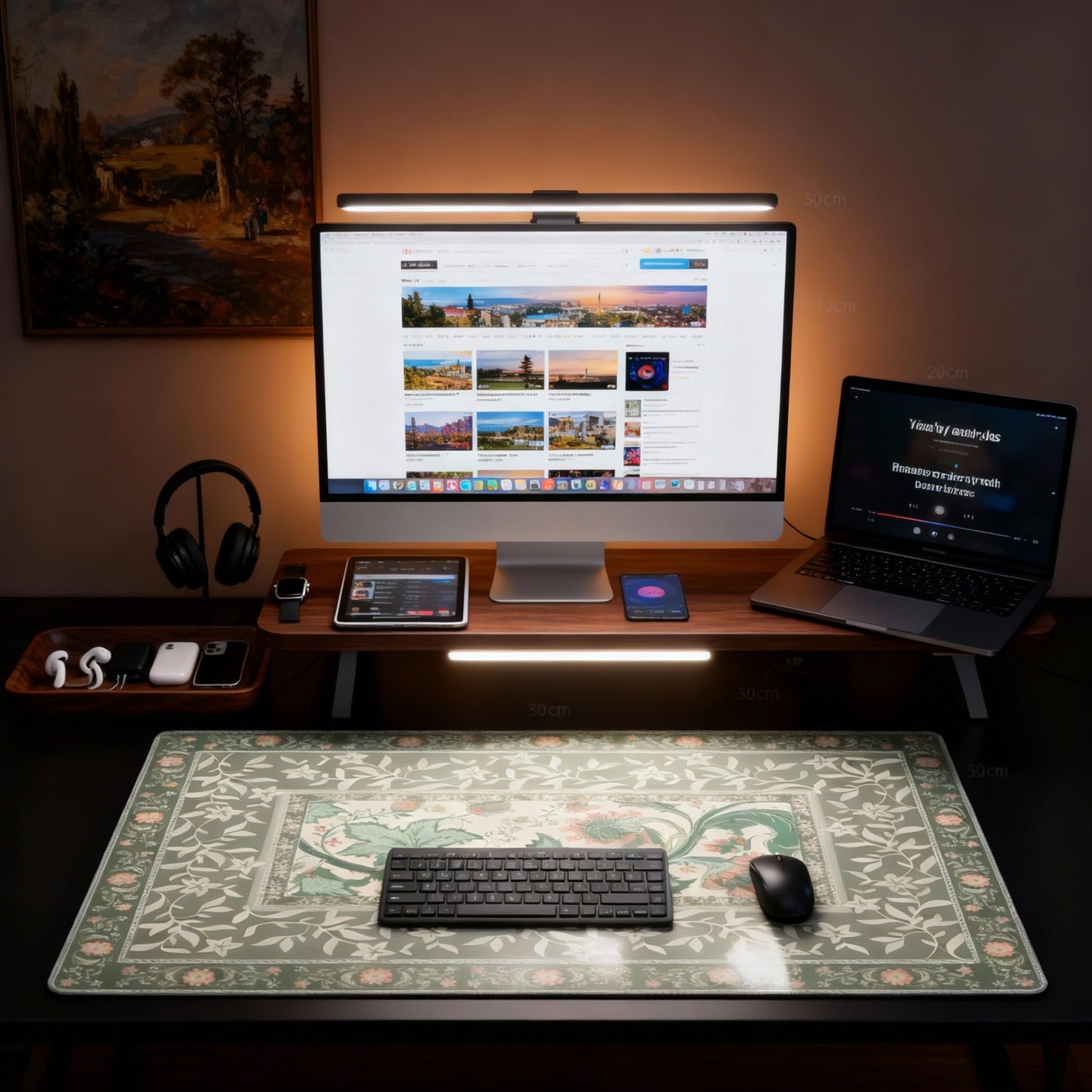 Sage Green Floral XXL Desk Pad Mat - Extra Large Mouse Pad with Anti-Slip Base & Stitched Edges for