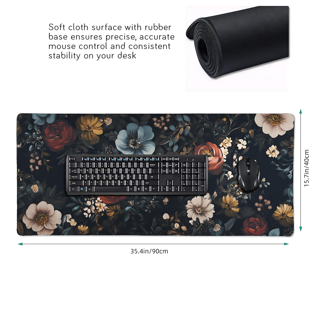 Floral Aesthetic Rose Gaming Mouse Pad, Black Dark Botanical Desk Mat with Anti-Slip Base &
