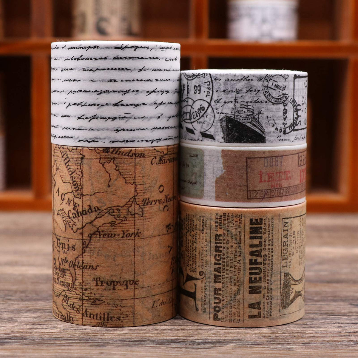 Knaid Vintage Washi Tape Set, Assorted 5 Rolls of Decorative Colored Masking Tapes for