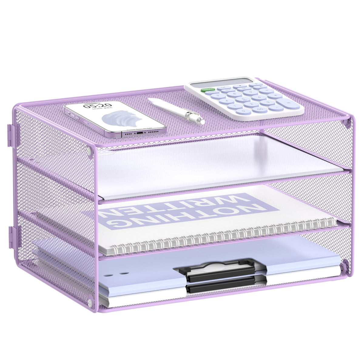 DALTACK 3 Tier Letter Tray Paper Organizer with Sliding Mesh Trays Purple