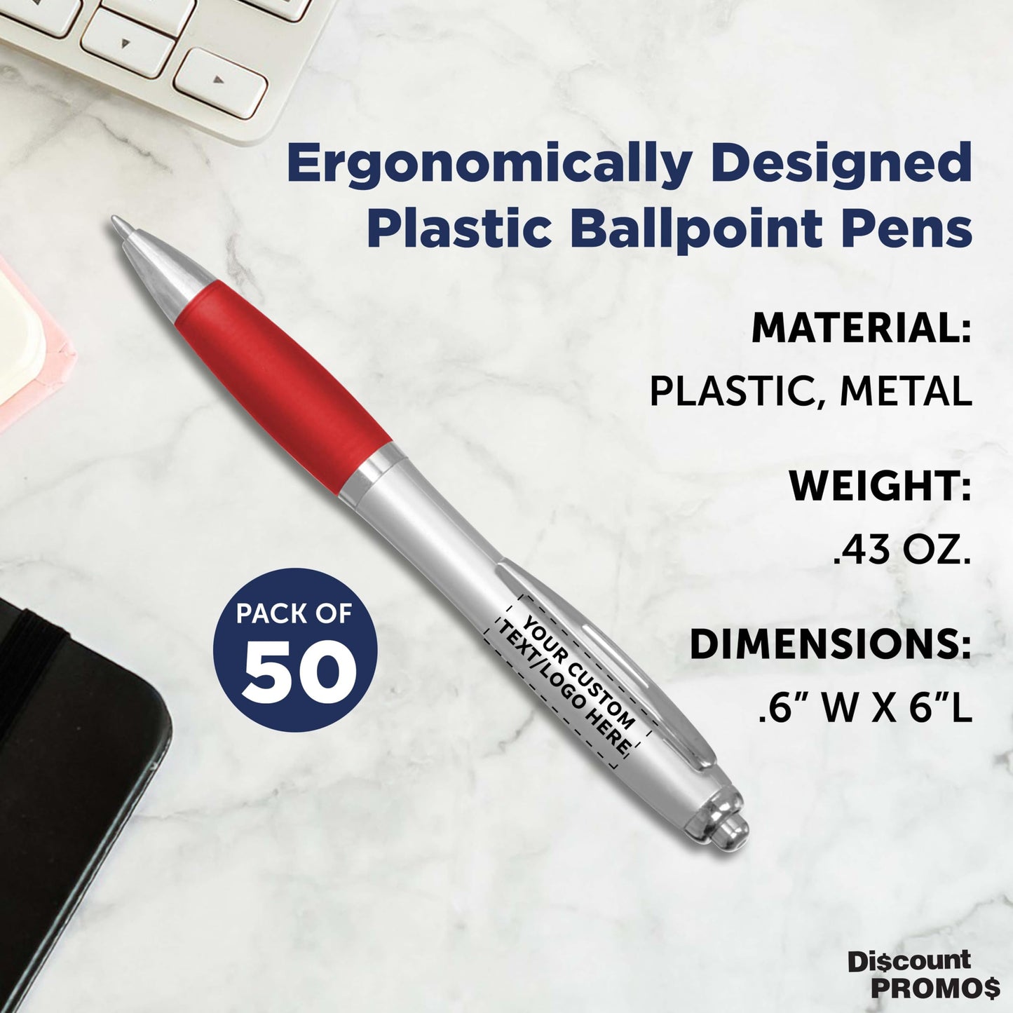 Personalized Ballpoint Pens with Rubber Grip and Click Button, Pack of 50 by DISCOUNT PROMOS