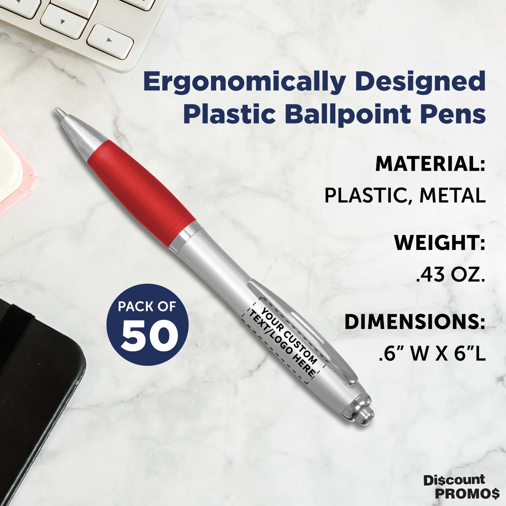Personalized Ballpoint Pens with Rubber Grip and Click Button, Pack of 50 by DISCOUNT PROMOS