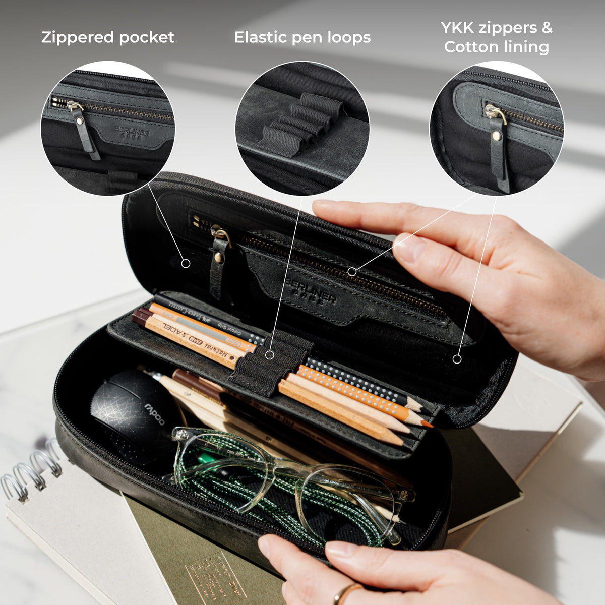 BERLINER BAGS Leather Pencil Case Felix For Men & Women - Dark Grey