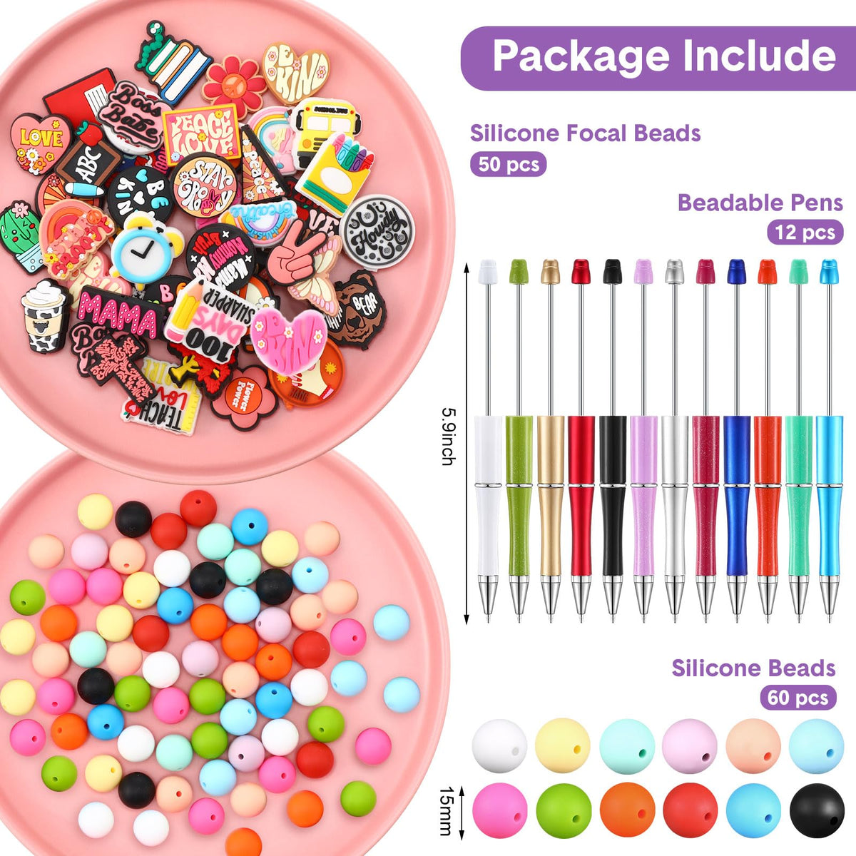 Humyoun 122 Pcs Beadable Pen DIY Kit with Silicone Beads, Bright Style