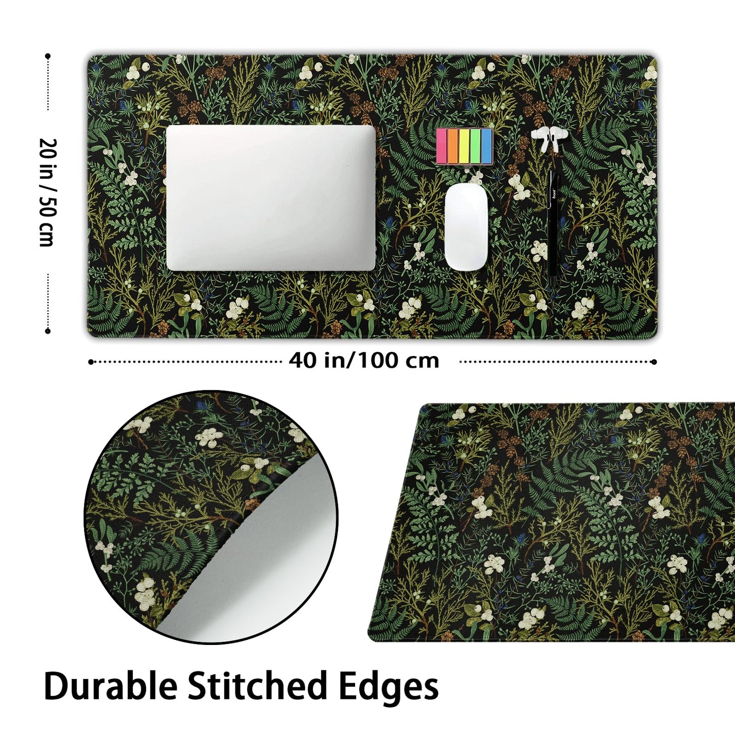 Black Aesthetic Vintage Botanical Gaming Mouse Pad Extended Cute Forest Green Plant Nature Floral