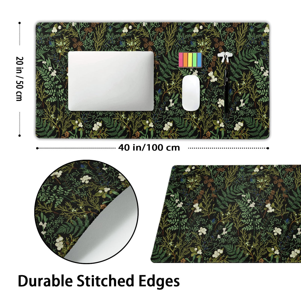 Black Aesthetic Vintage Botanical Gaming Mouse Pad Extended Cute Forest Green Plant Nature Floral