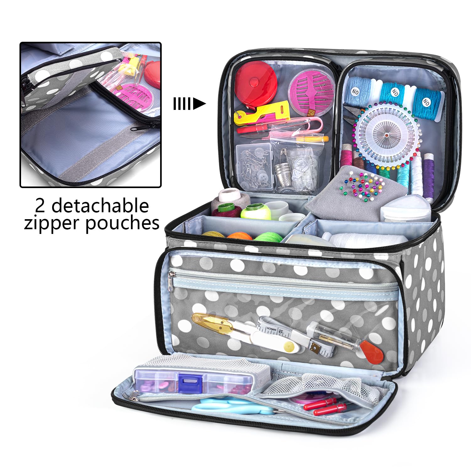 Luxja Sewing Storage Organizer with 2 Detachable Clear Pockets, Polka Dots