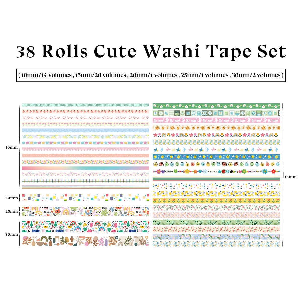 Bomichi 38 Rolls Washi Tape Aesthetic Colored Decorative