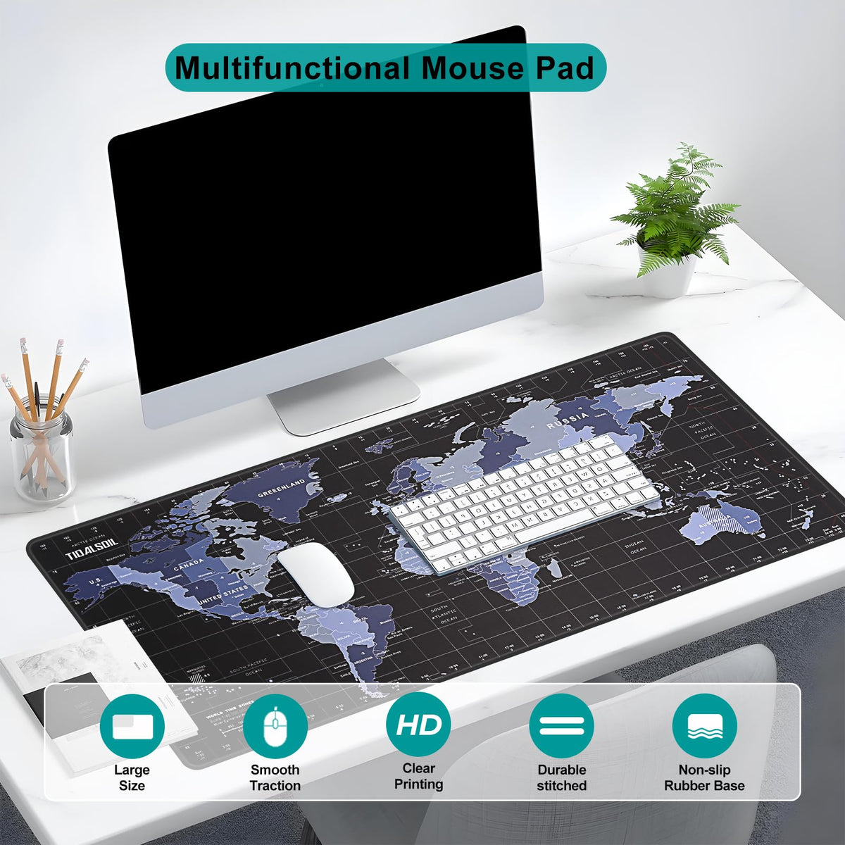 TIDALSOIL XXL World Map Mouse Pad, Oversize Desk Mat with Global Time Zones