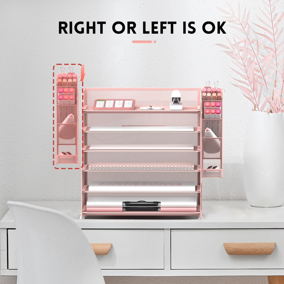 Supeasy 6 Tier Desk Organizer with 4 Pen Holders & Mesh Paper Trays Pink