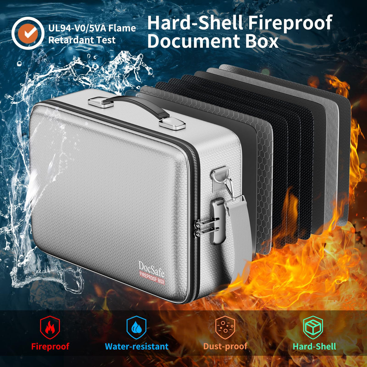 DocSafe Fireproof Document Box Hard Case with Lock ＆ Accordion File Folder
