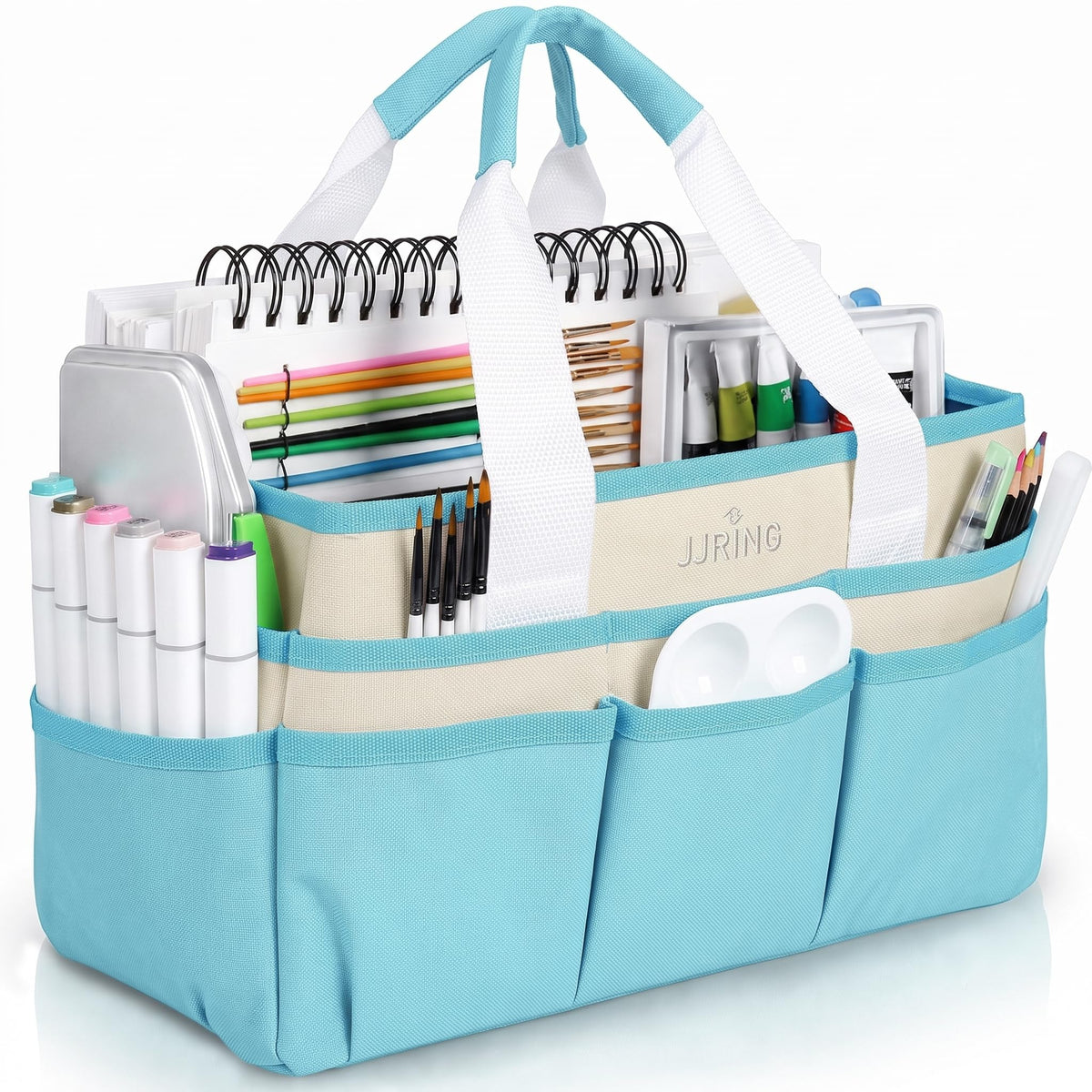 JJRING Craft Organizer Tote Bag Art Storage Caddy Sky Blue and Beige