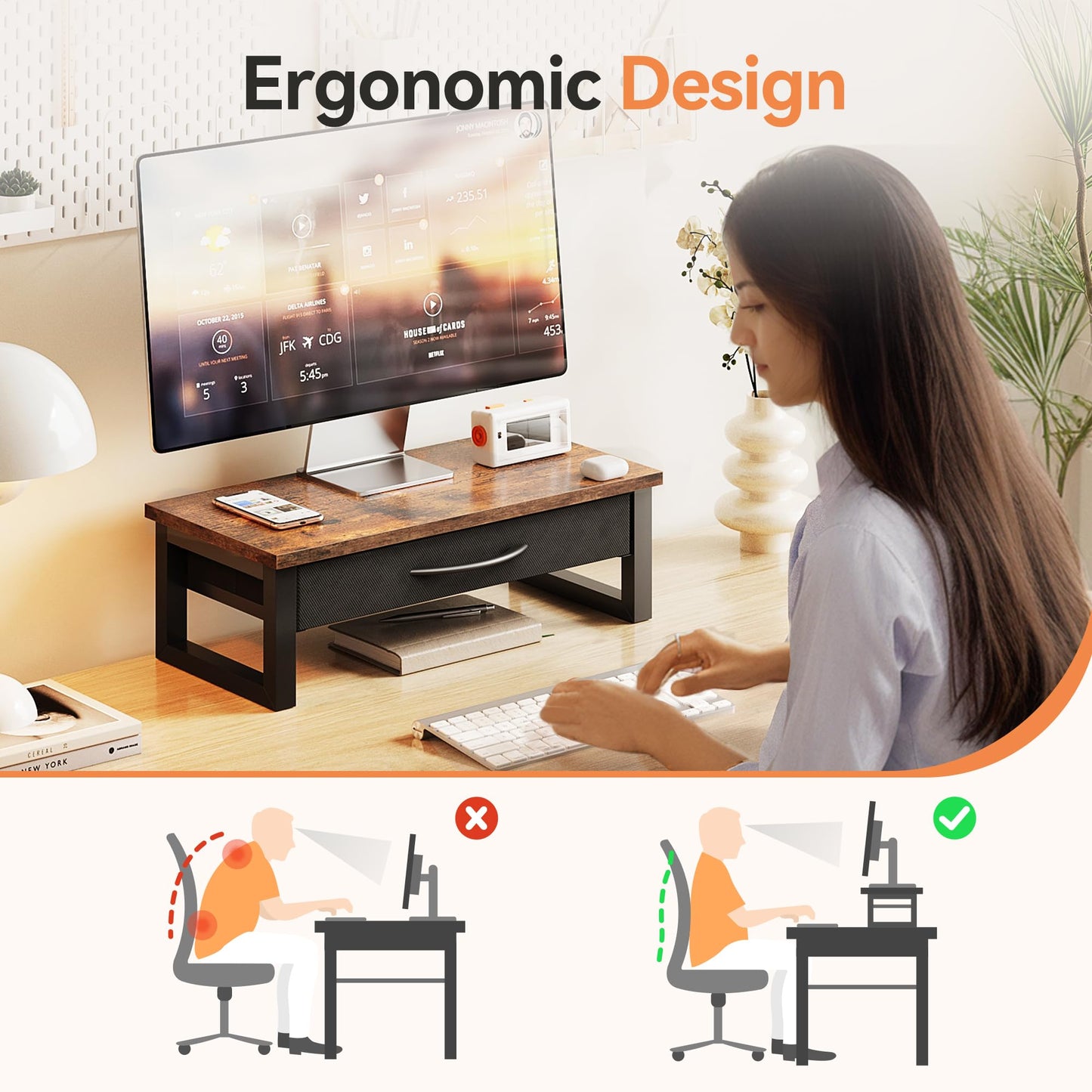 HEWORLIF Computer Monitor Stand Riser with Drawer, 2-Tier Desk Accessories & Workspace Organizers