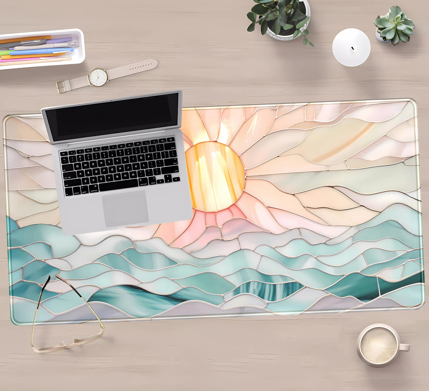 Desk Mat Gaming Desk Pad Large Mouse and Keyboard Pad, Abstract Serene Ocean Sunrise Mouse Mat XXL