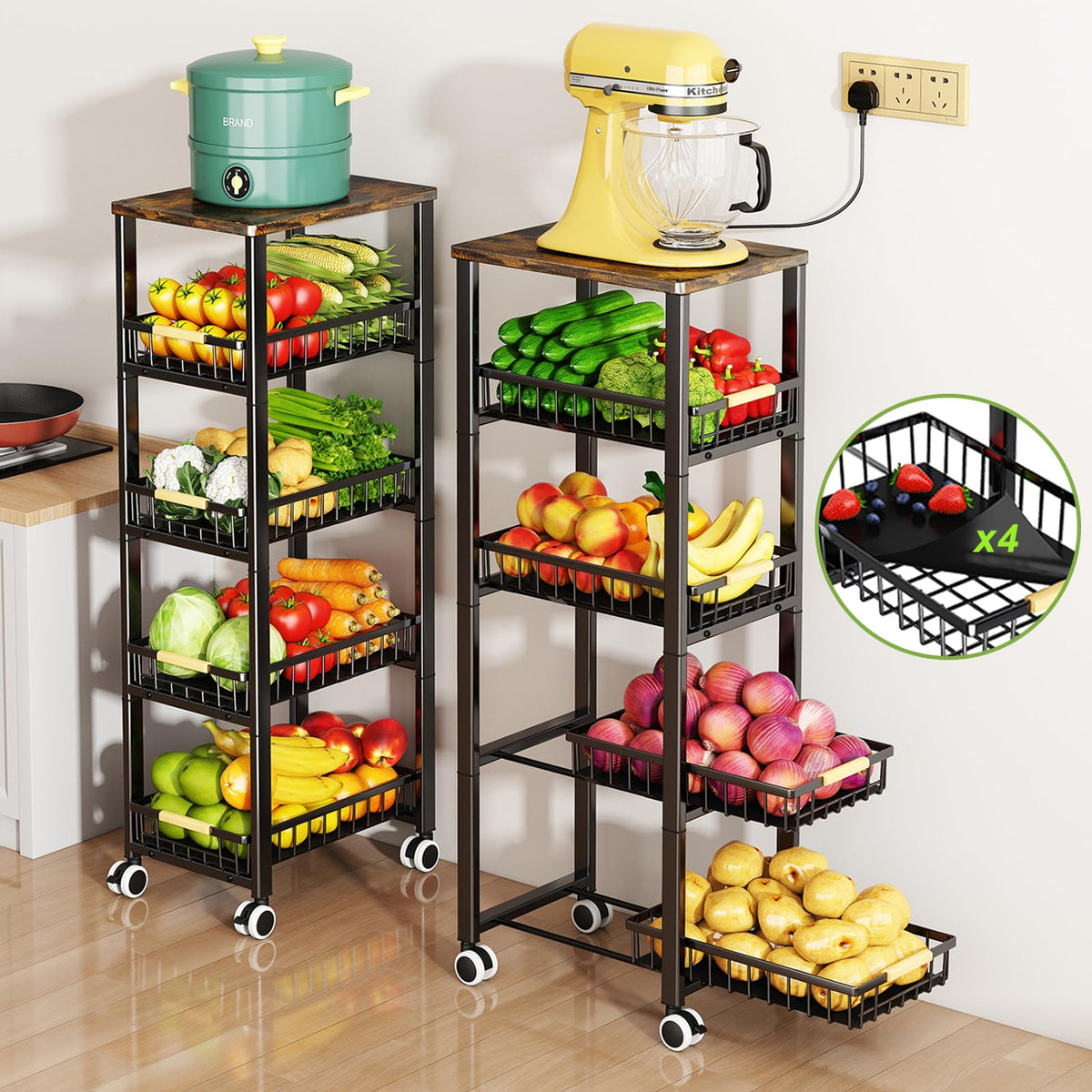 Fruit Vegetable Storage Basket for Kitchen, 5 Tier Large Pull-Out Metal Wire Baskets with 4 Pack