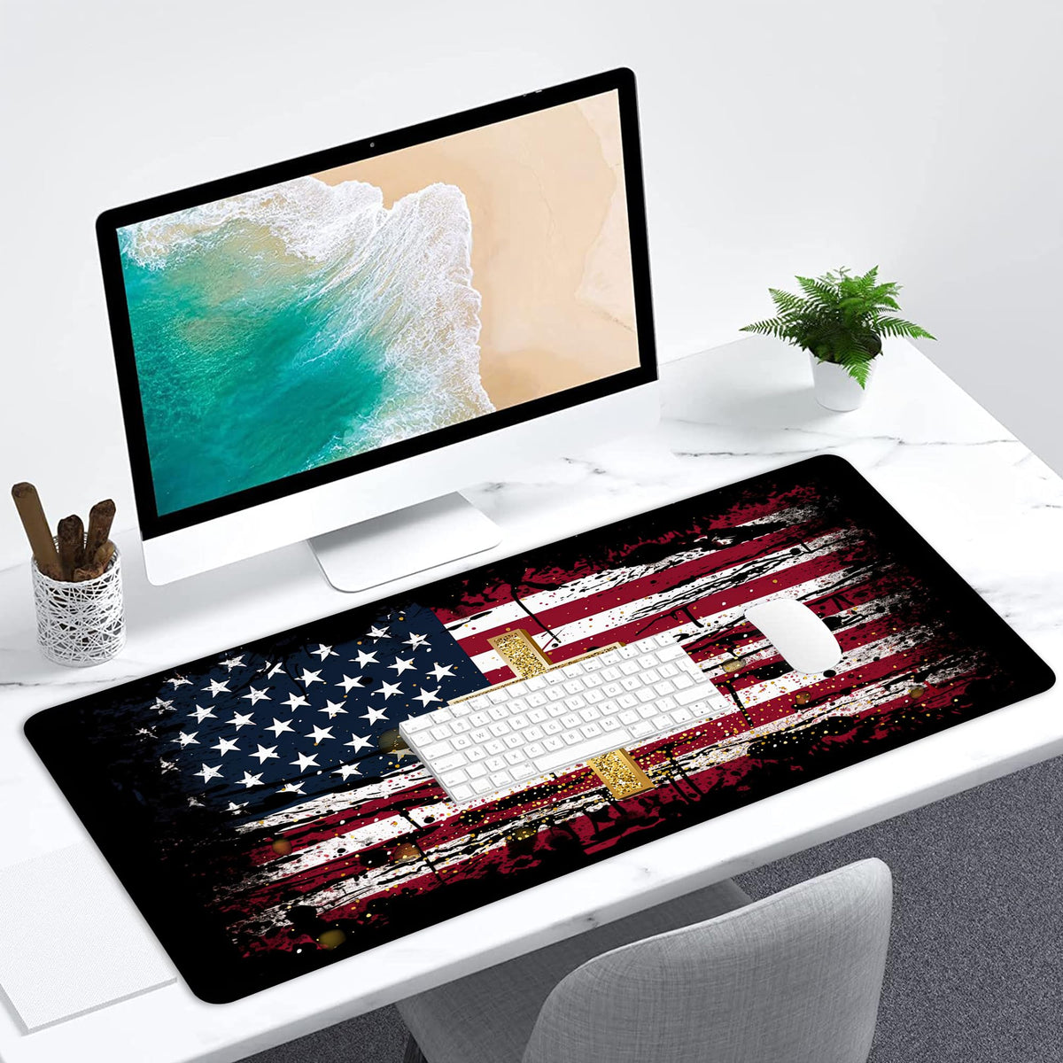 AOWULA Desk Mat,American Flag Jesus Cross Mouse Pad Large Gaming for Desk,Non-Slip Rubber Base