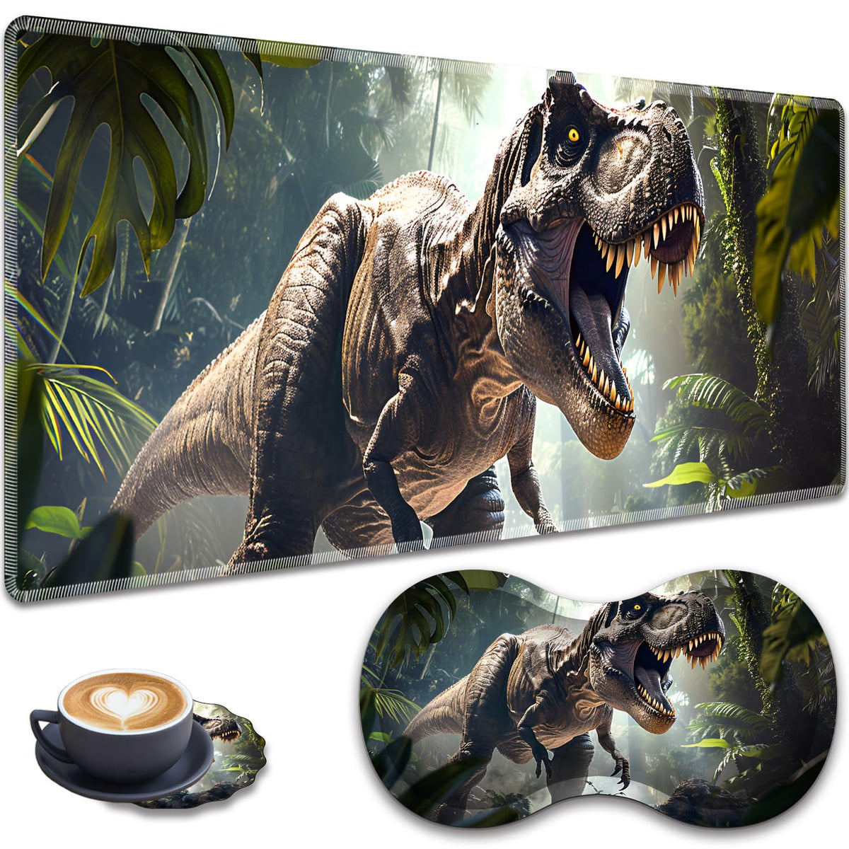 3-Piece Dinosaur T-Rex in Jungle Mouse Pad Set, Including Wrist Support Pad and Cup Holder, with