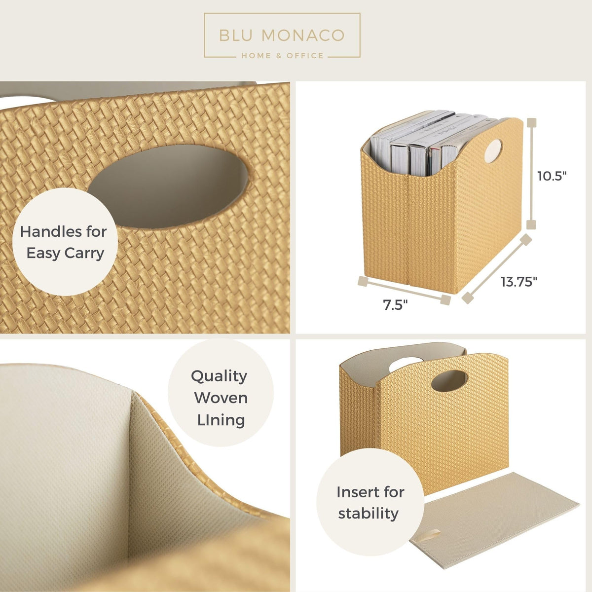 BLU MONACO | Gold Magazine Holder | Woven PVC Leather Organizer with MDF Frame | Floor or Table