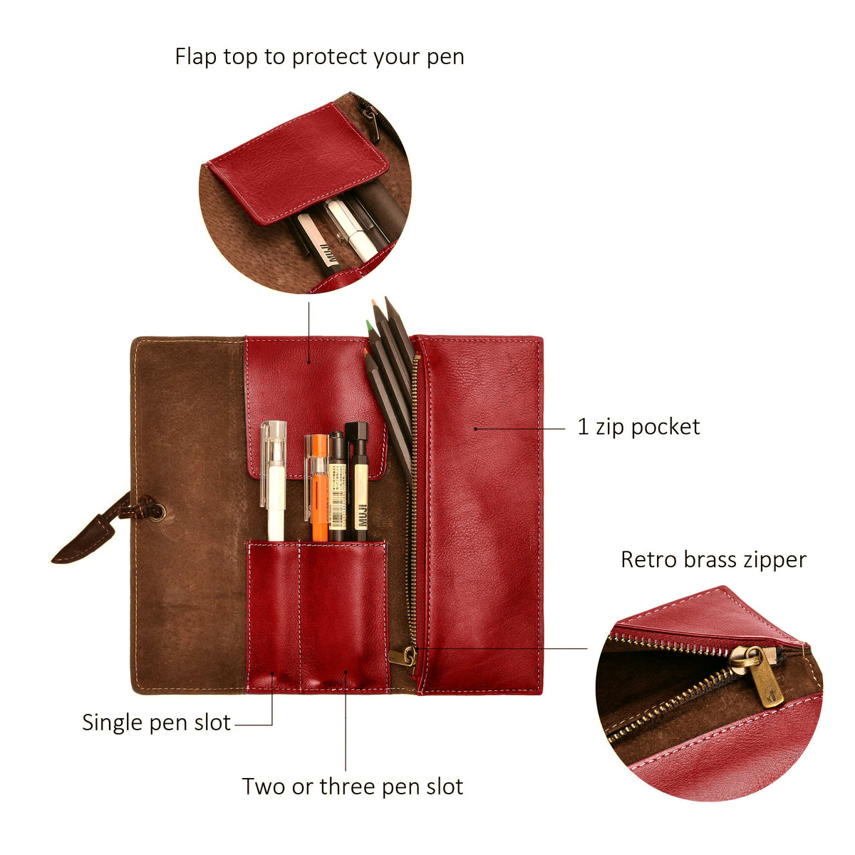 ZLYC Handmade Leather Pencil Case Soft Roll Bag Stationery Gift,Red