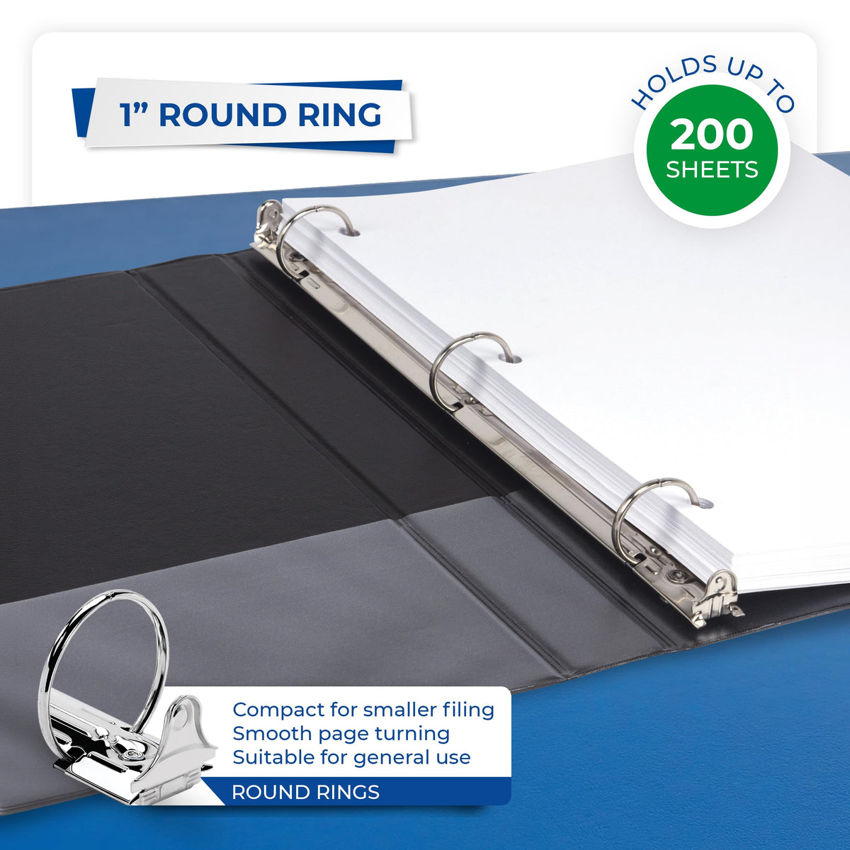 Samsill 1 Inch 3 Ring Binders, Economy Round Ring, Clear View Cover, 200 Sheet Capacity - for