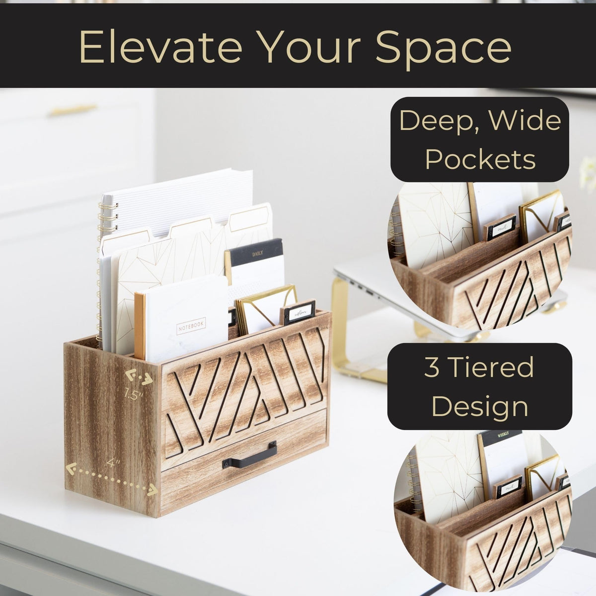BLU MONACO | Natural Wood Desktop Mail Organizer with Drawer | Three-Tier Mail Sorter with Black