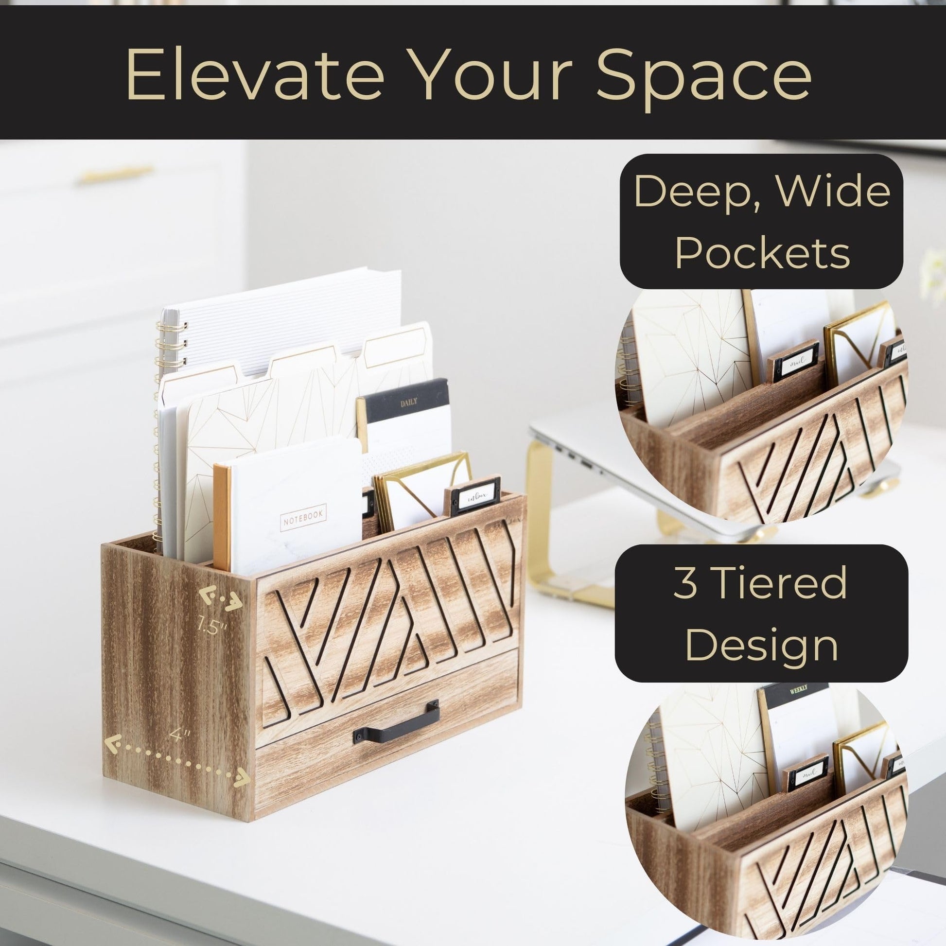 BLU MONACO | Natural Wood Desktop Mail Organizer with Drawer | Three-Tier Mail Sorter with Black
