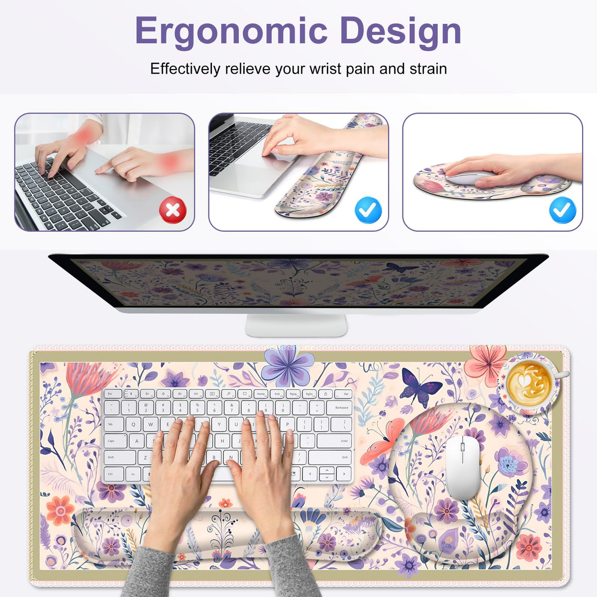 Cute Desk Mat, 4in1 Large Mouse Pad with Wrist Rest, Desk Matt for Desktop, Deskpad Mat, Anti-Slip