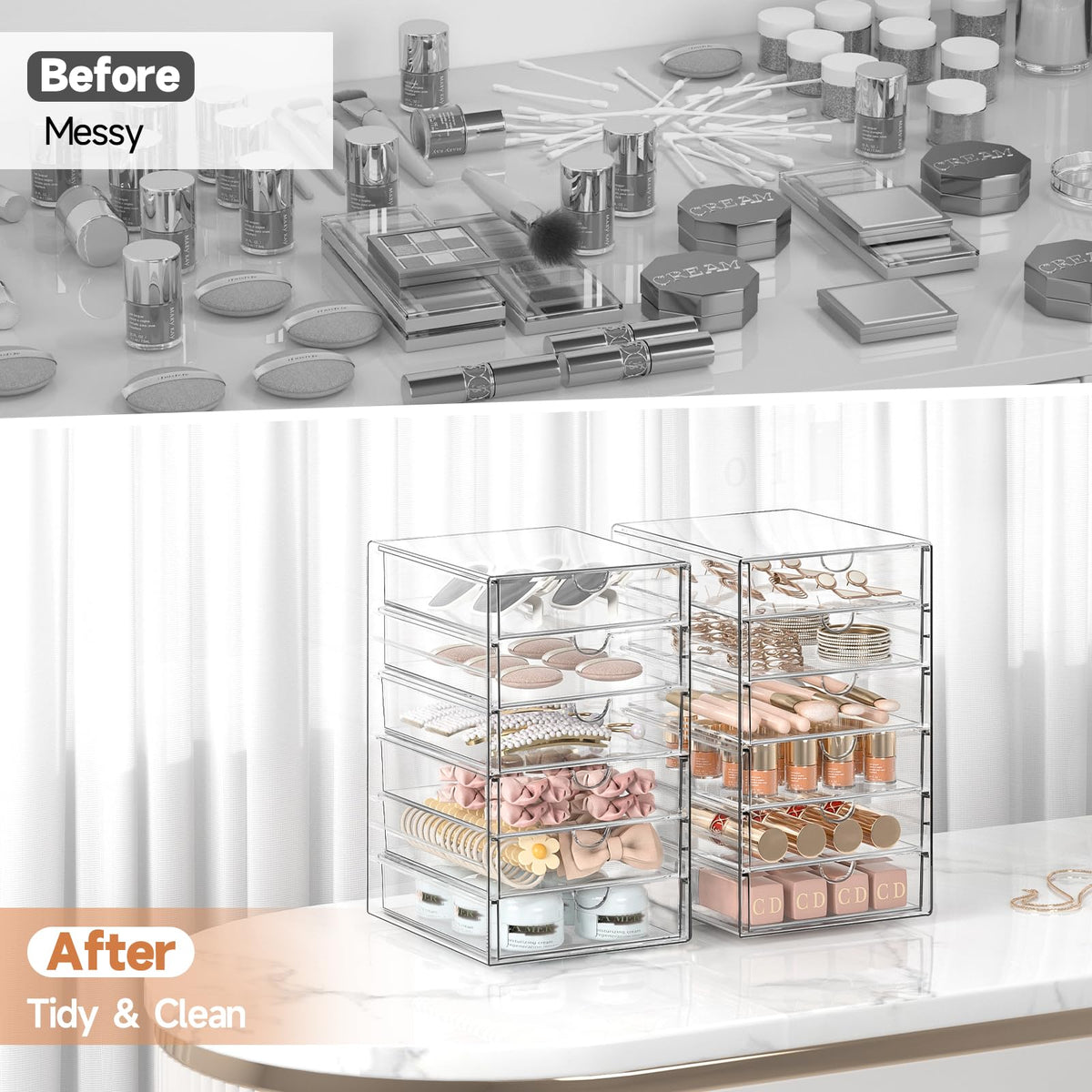 DOMNIU Acrylic Makeup Drawer Storage Organizer with 24 Drawers, 4 Set