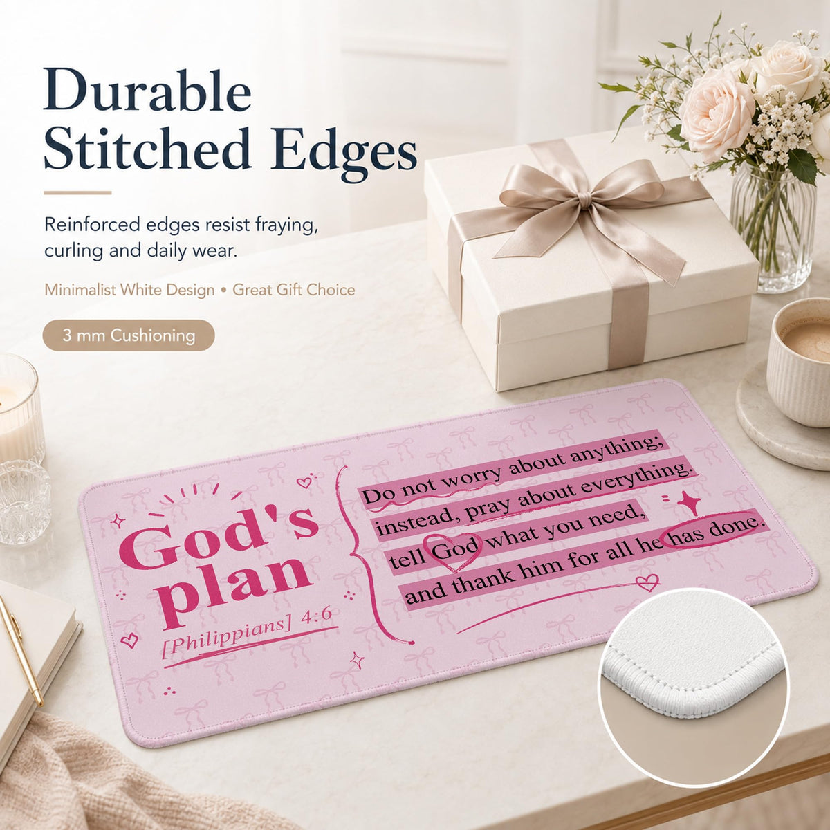 DOFQZ Pink Bow Christian Bible Verse Mouse Pad Large 31.5x15.7inch,M008