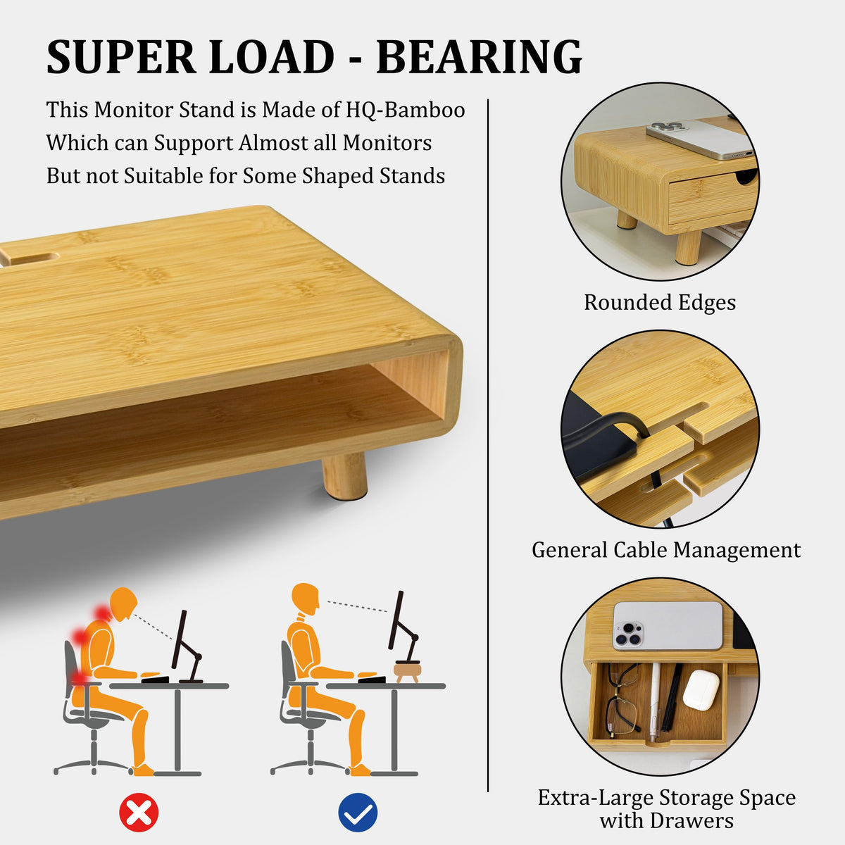Homerays Monitor Stand with Drawer, Exquisite Computer Monitor Stand for Desk, Ergonomic Wood