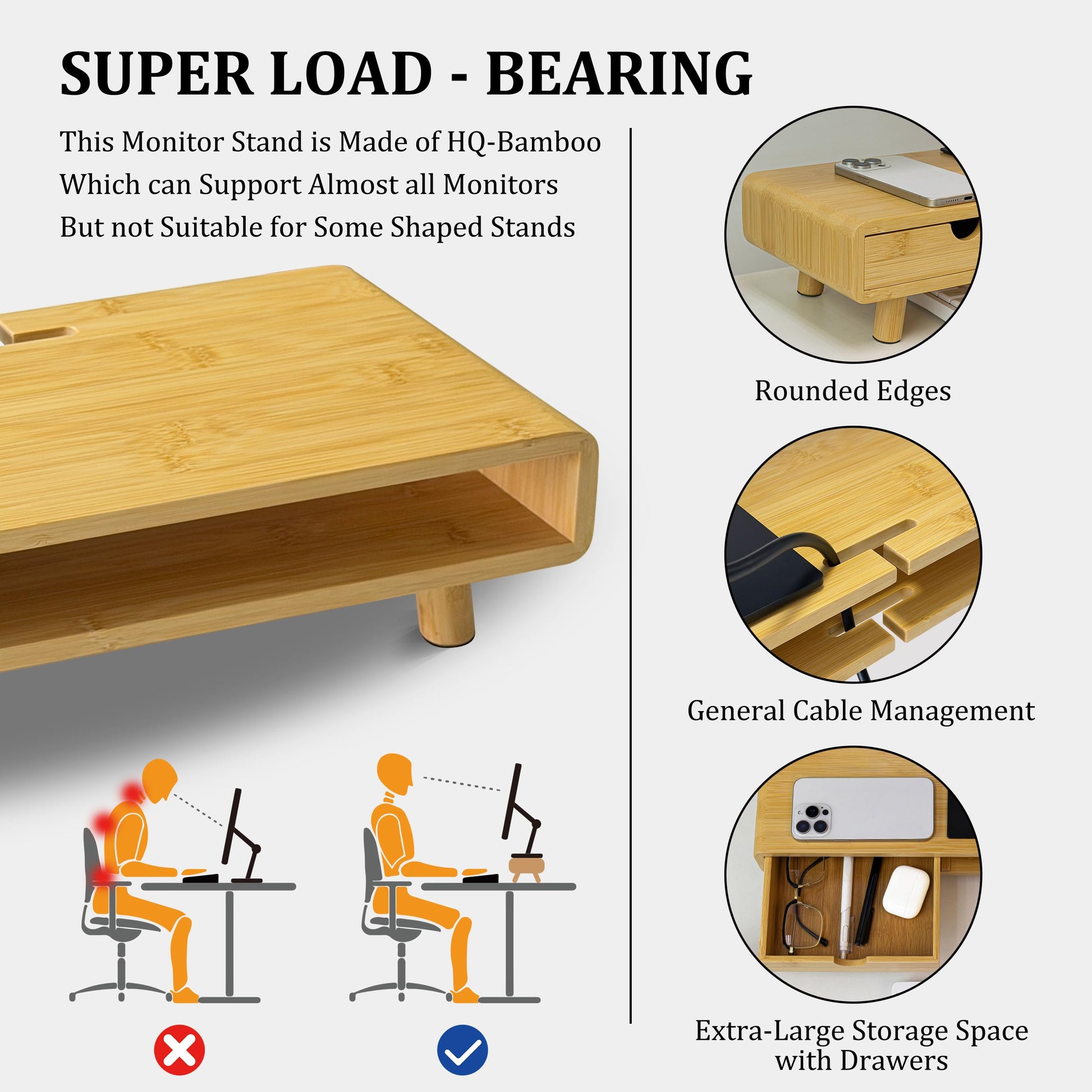 Homerays Monitor Stand with Drawer, Exquisite Computer Monitor Stand for Desk, Ergonomic Wood