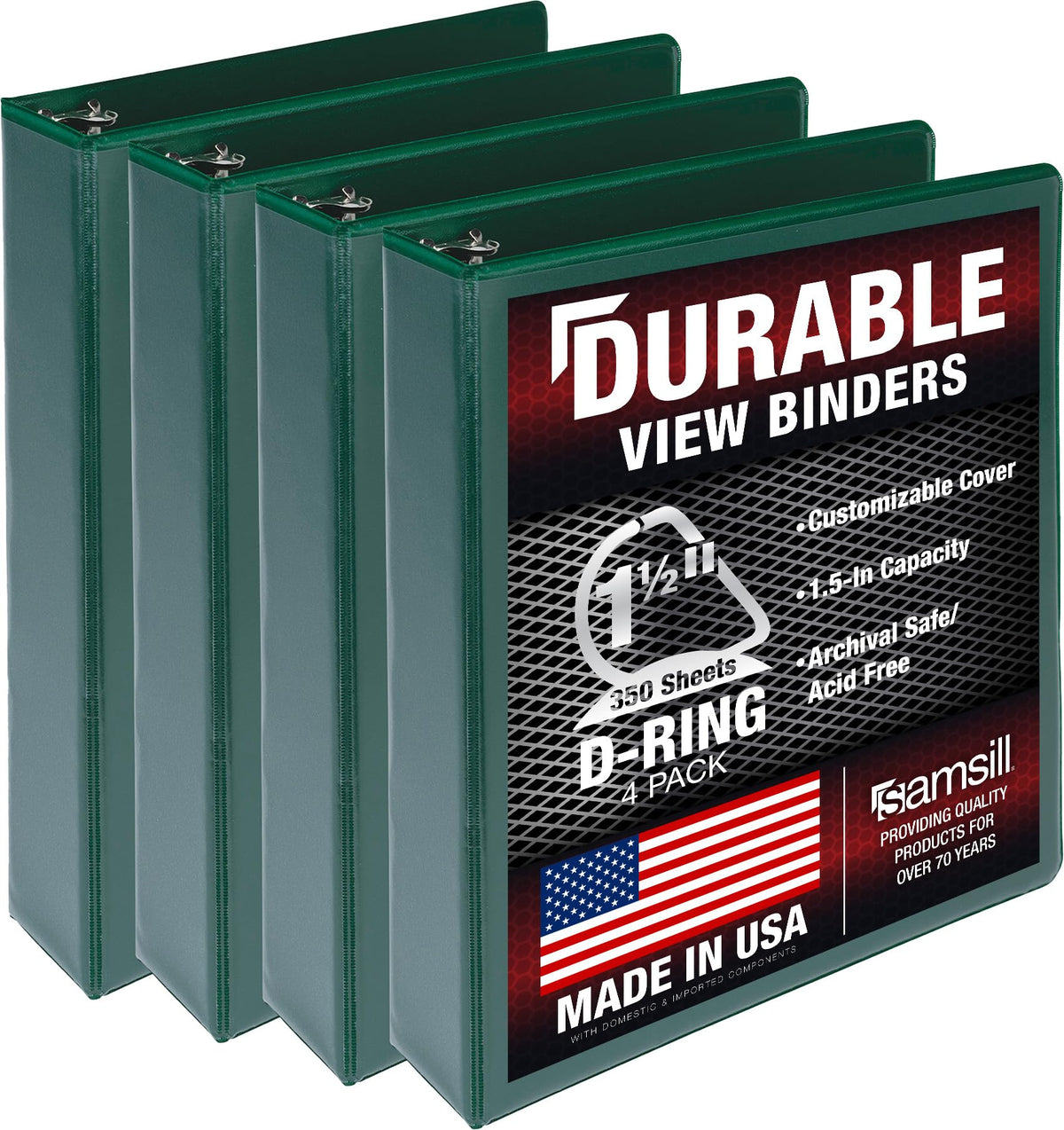 Samsill Durable 1.5 inch 3 Ring Binder, D Ring Binder, 100% Recycled Chipboard, Green, 4 Pack