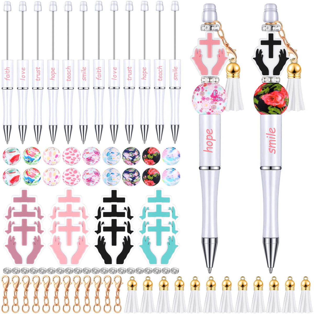 Teling 12 Sets Inspirational Beadable Pens Black Ink Ballpoint Beaded Pen
