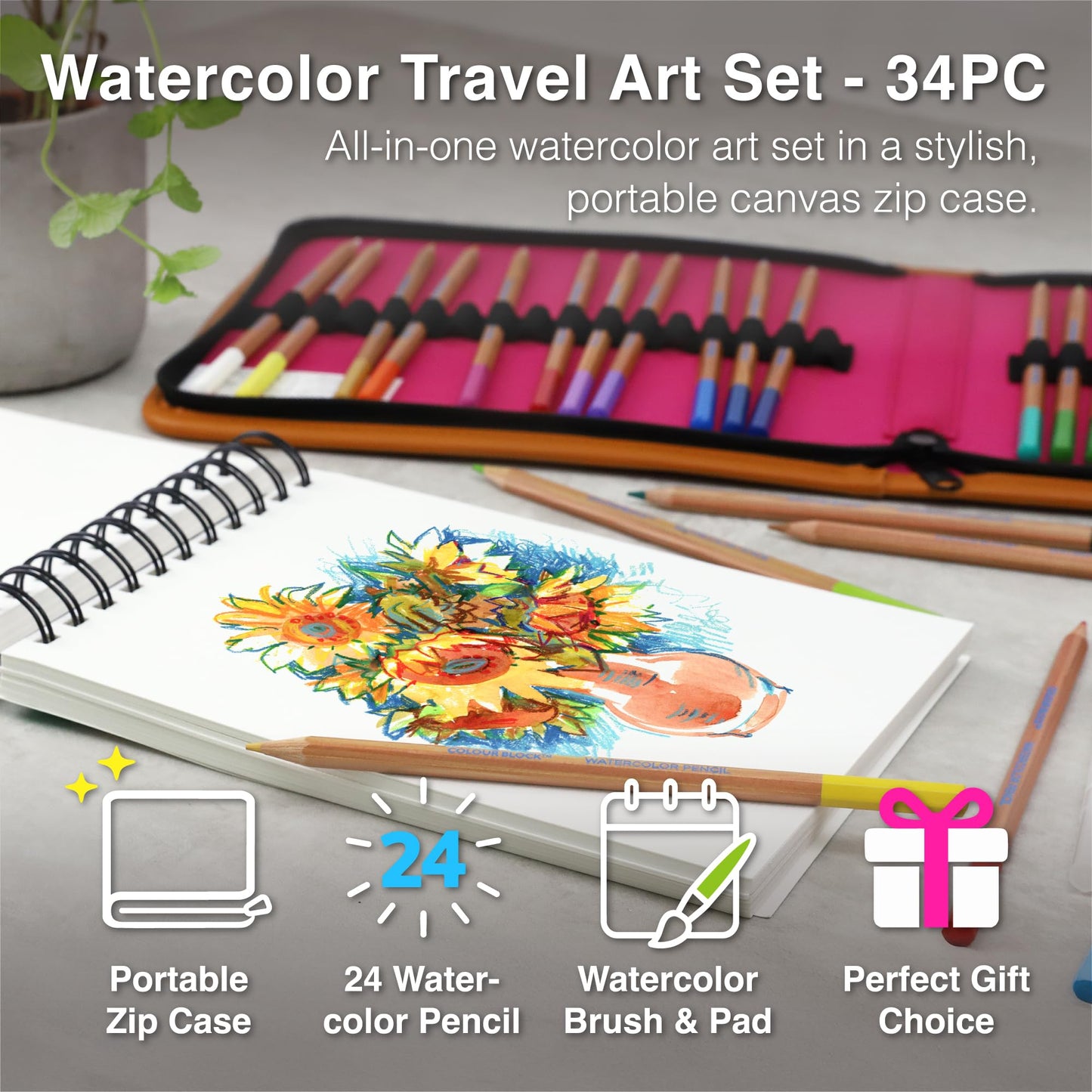 COLOUR BLOCK Watercolor Pencil Travel Art Set 34 PCS, Professional Drawing Kit, 50 Sheets Drawing