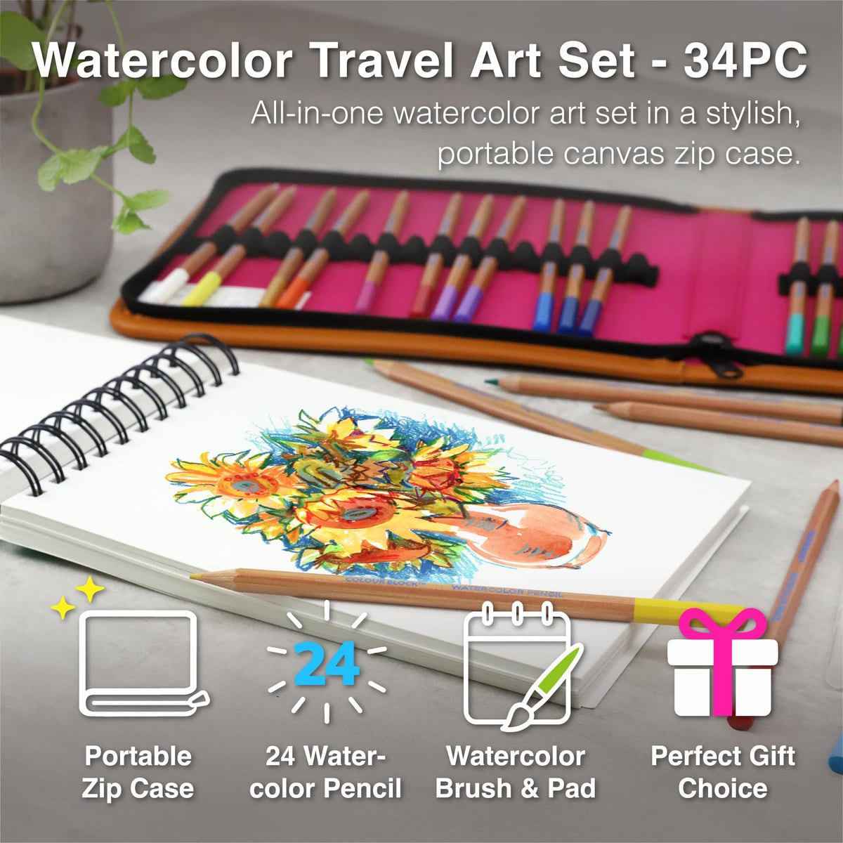 COLOUR BLOCK Watercolor Pencil Travel Art Set 34 PCS, Professional Drawing Kit, 50 Sheets Drawing