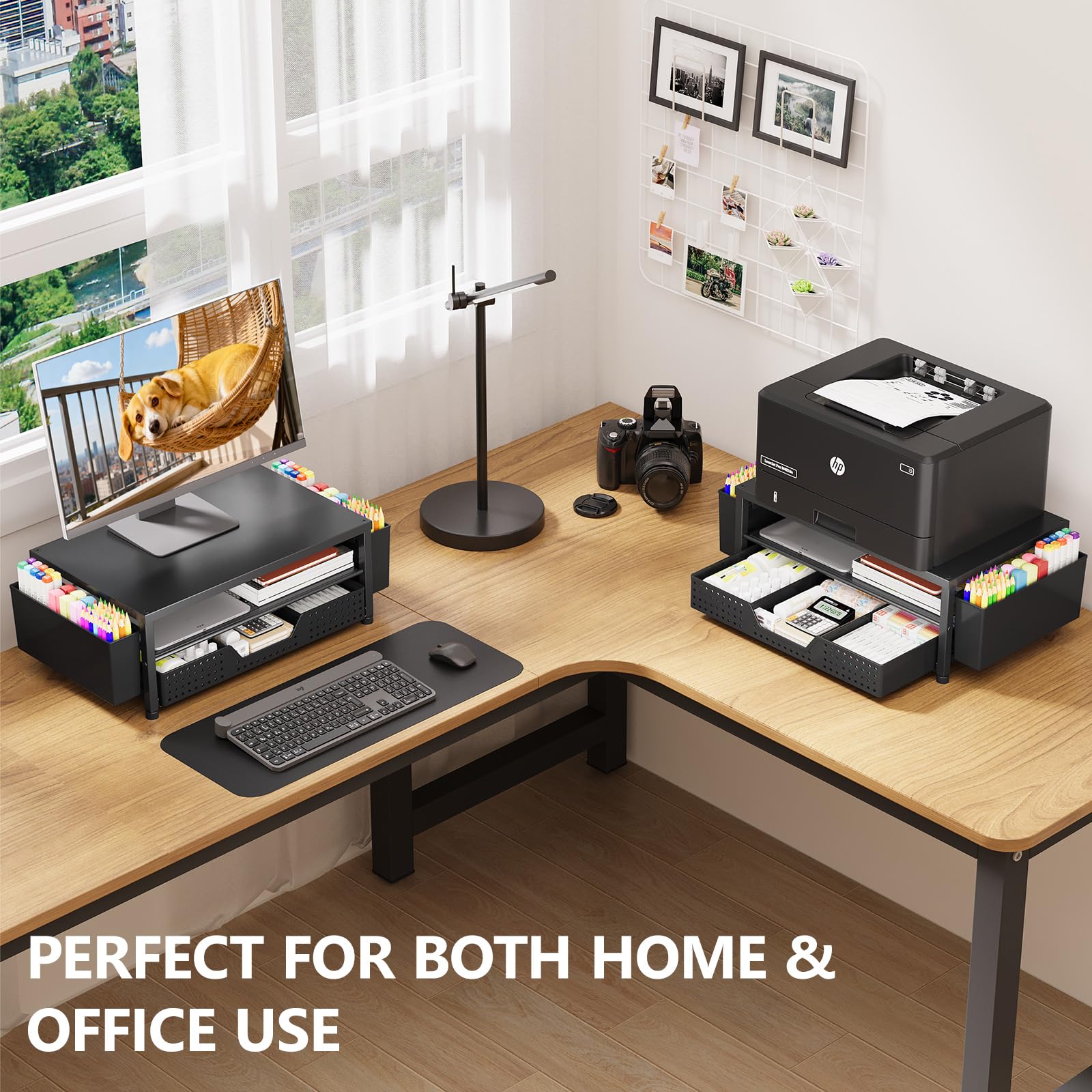 OPNICE Desk Organizers and Accessories, Computer Monitor Stand Riser with Drawer and 2 Pen Holders