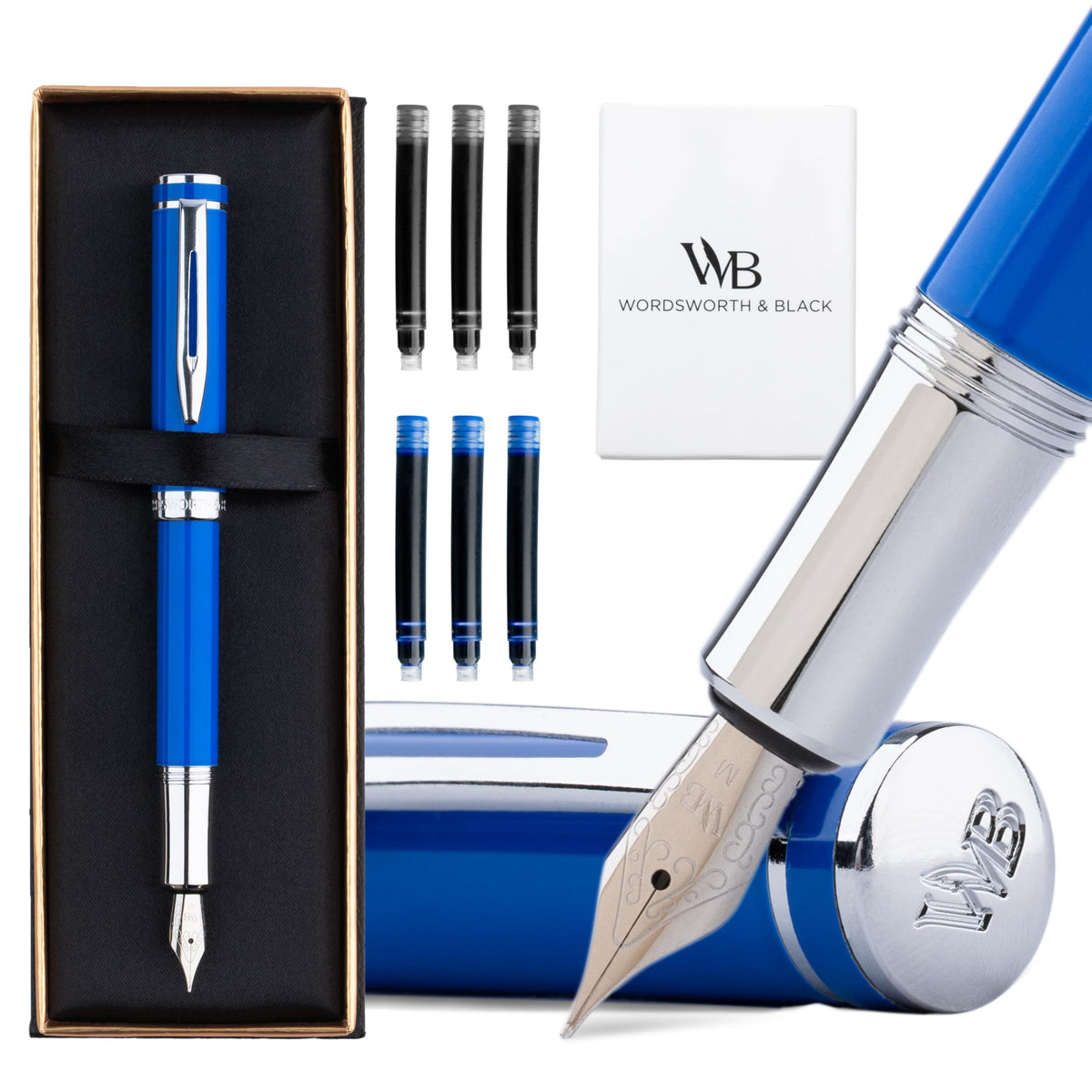 Wordsworth & Black Mini Pocket Fountain Pen for Writing, Medium Nib, Blue
