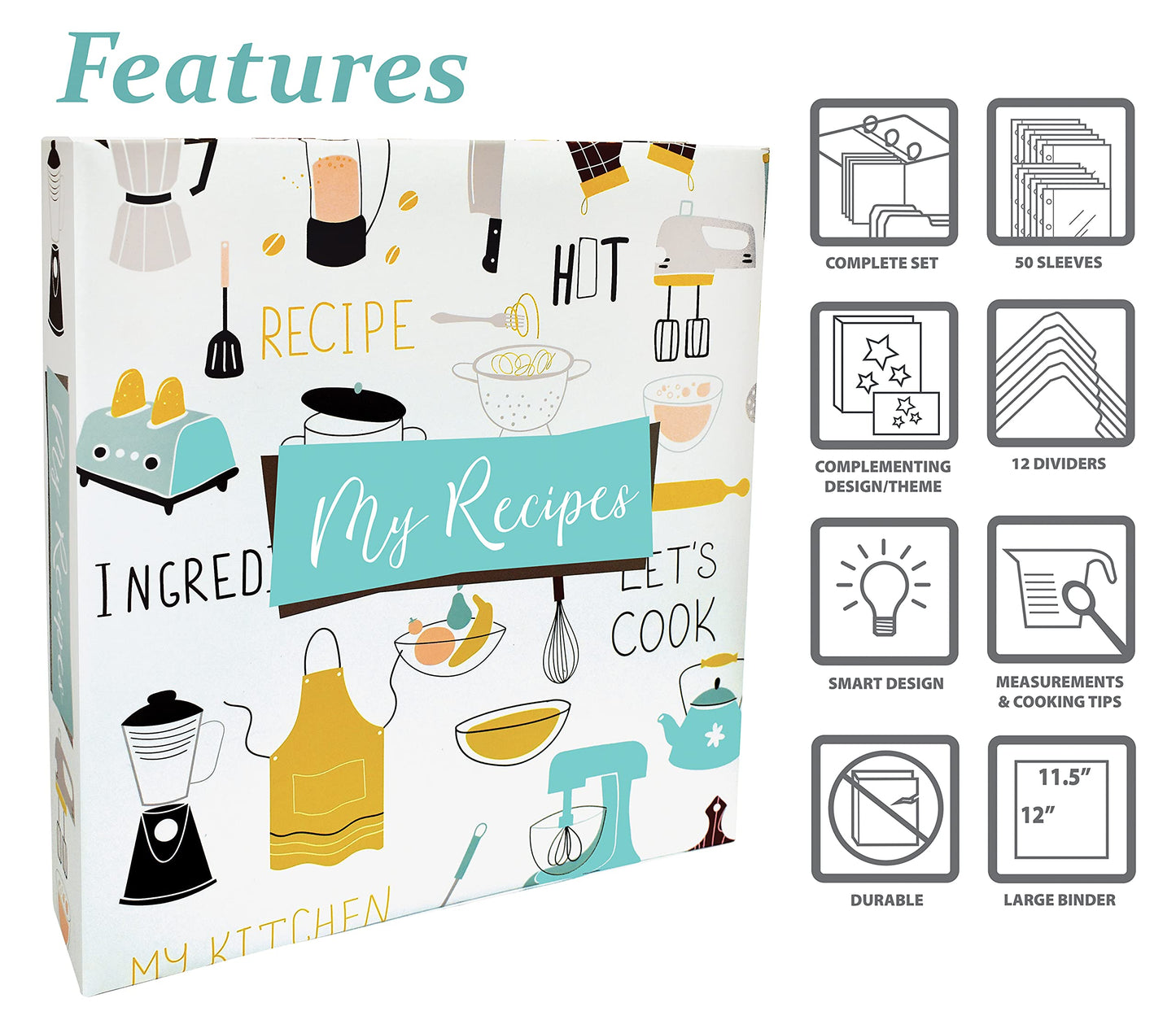 Better Kitchen Products Recipe Binder, Full Page 3 Ring Standard Binder Organizer Set (with 50 Page
