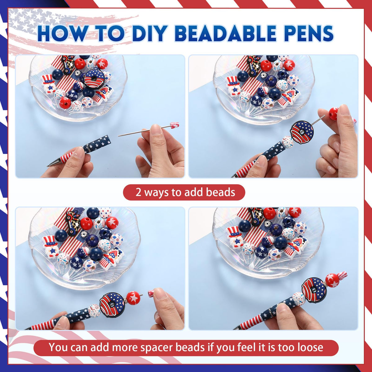 Geyee 12 Set Plastic Beadable Pens Assorted Bead DIY Pens, American Flag