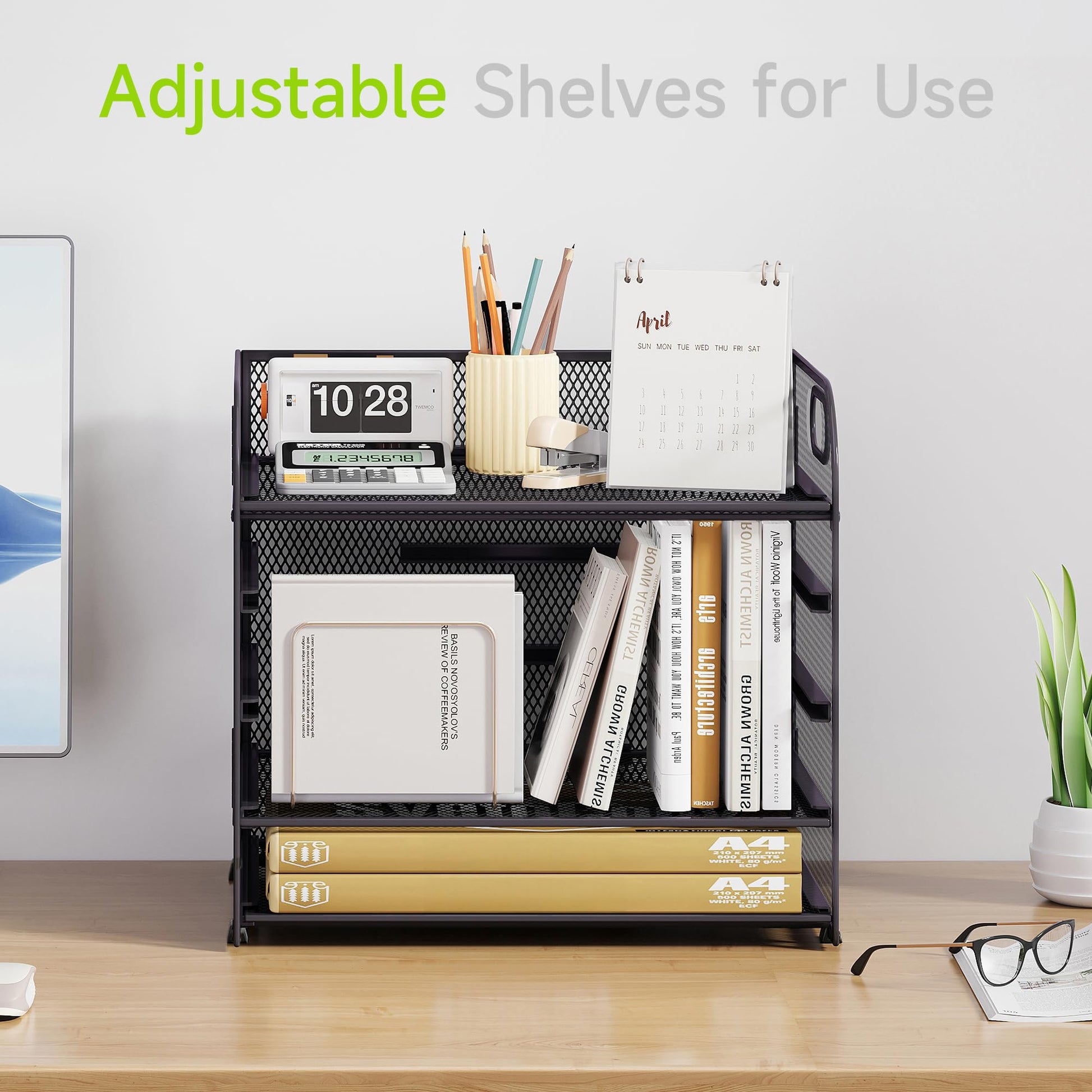 Cawukege 5 Tier Paper Organizer with Handle, Grey Metal Mesh Desk Organizer File Folder Paper