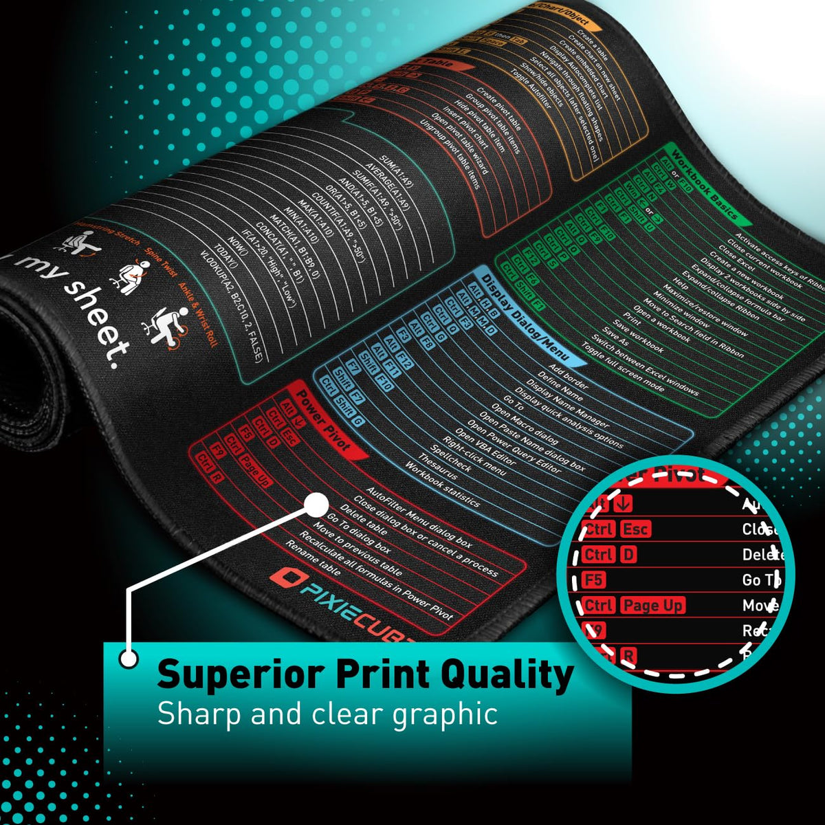 Pixiecube Excel Shortcut Keys Mouse Pad - Extended Large XXL Cheat Sheet Gaming Mousepad | PC