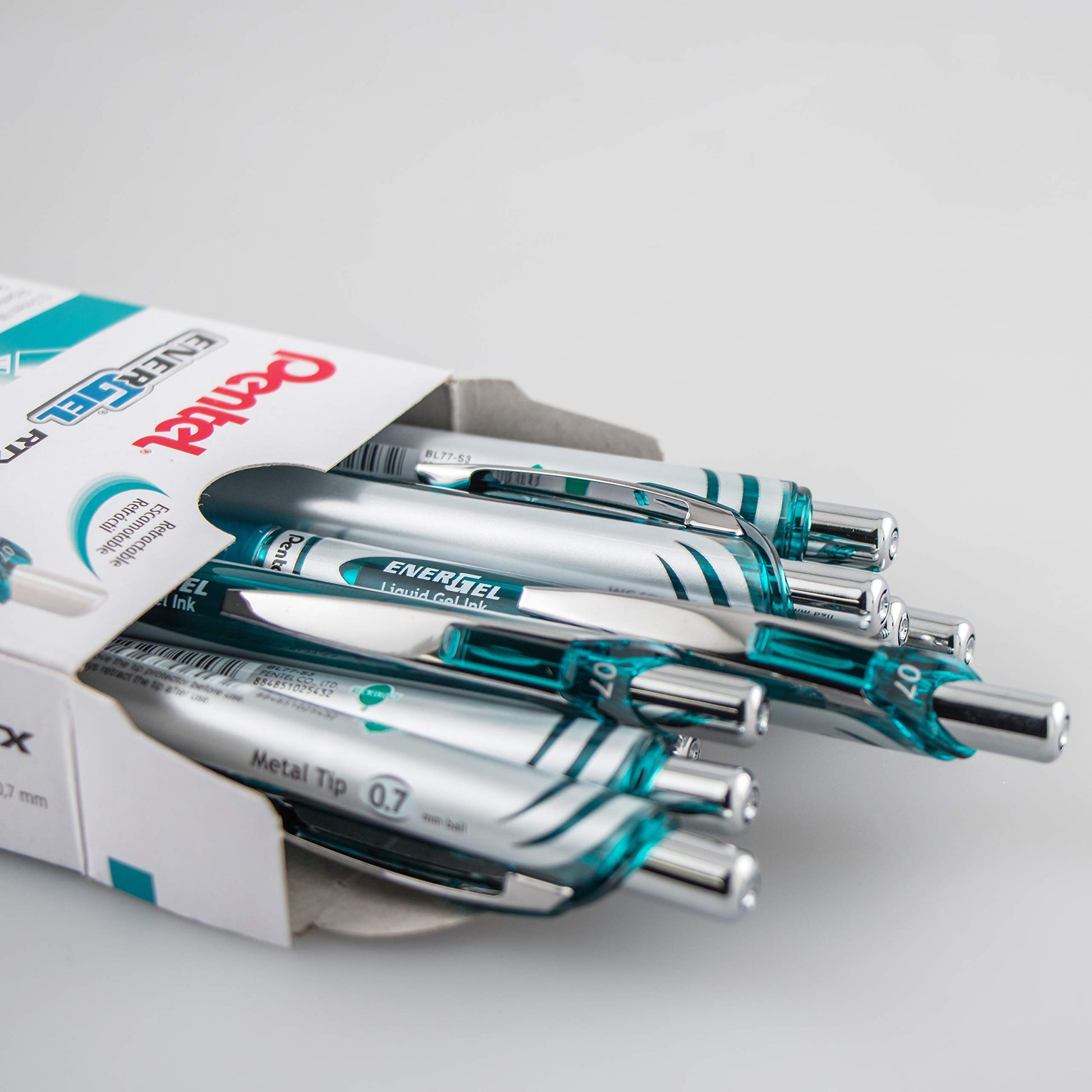 Pentel EnerGel RTX Retractable Liquid Gel Pen Metal Tip, 12 Pack, (0.7mm), Medium Line, Turquoise