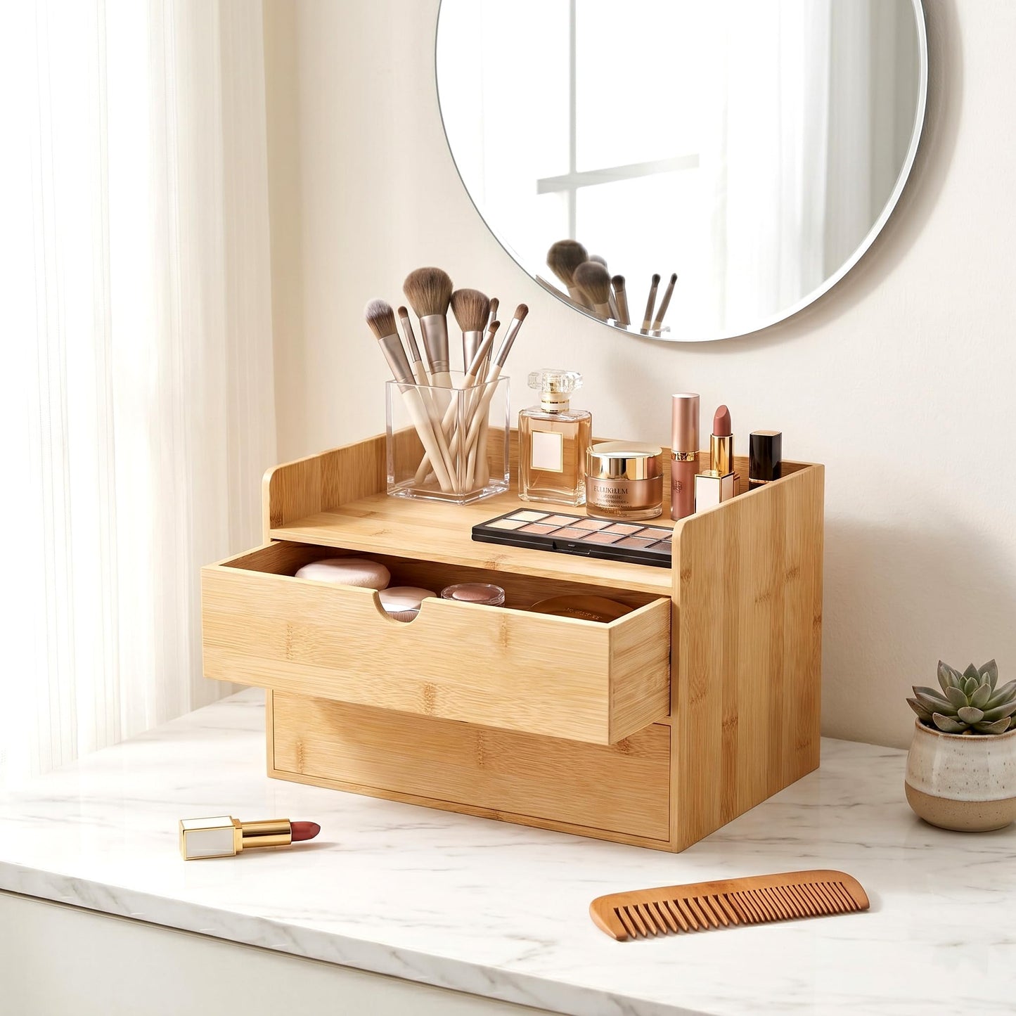 Bamboo Desk Organizer with Drawers, Desktop Storage for Office Supplies