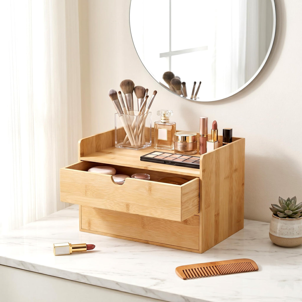 Bamboo Desk Organizer with Drawers, Desktop Storage for Office Supplies