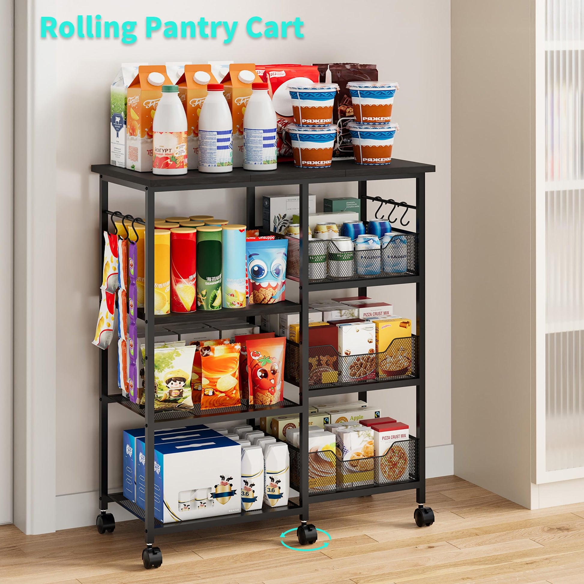 HapiRm Rolling Kitchen Carts with Storage - Microwave Table Stand with 6 Hooks & 3 Baskets, kitchen