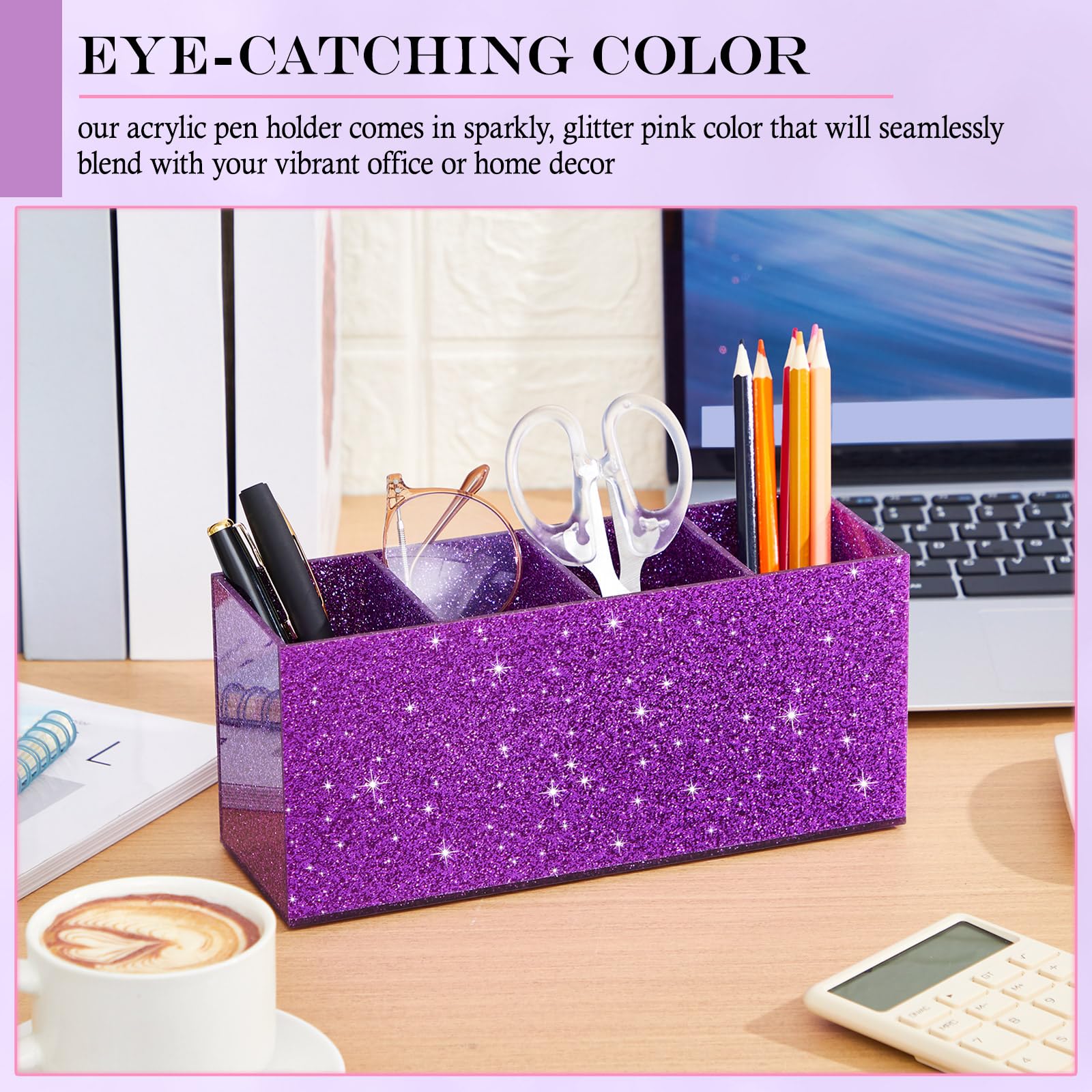 Jetec Acrylic Pen Holder for Girl Desktop, 4 Compartments, Sparkly Purple