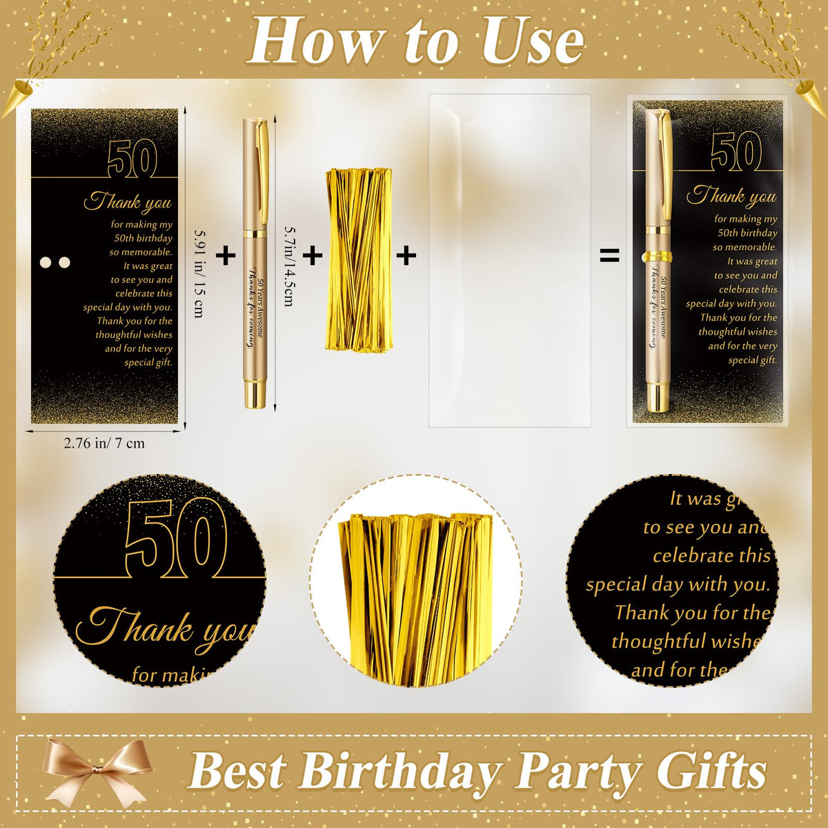Feifeiya 50 Set 50th Birthday Party Favors with Black Gold Pens and Cards