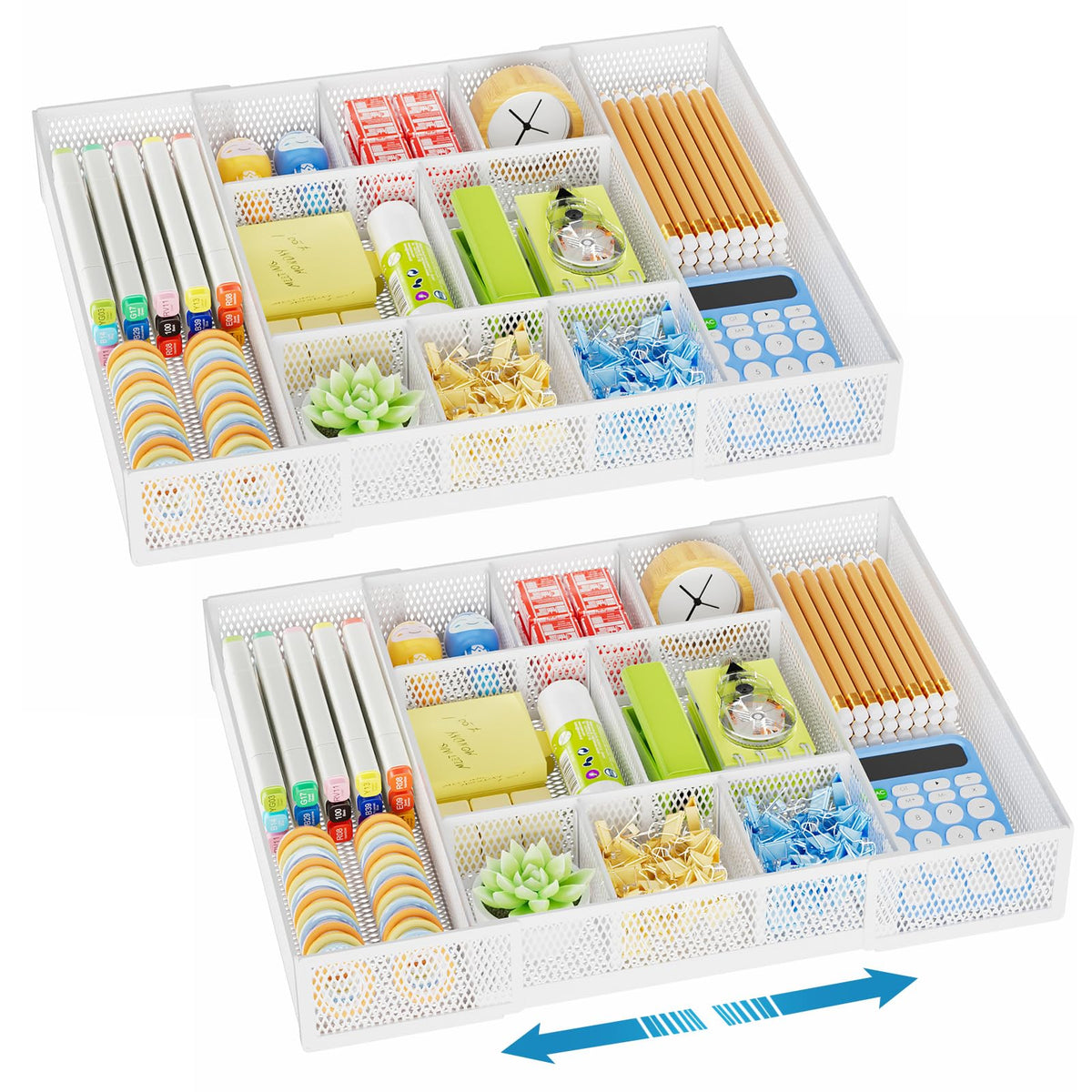 Marbrasse Expandable Desk Drawer Organizer, Mesh Drawer Organizer Tray with 10 Adjustable