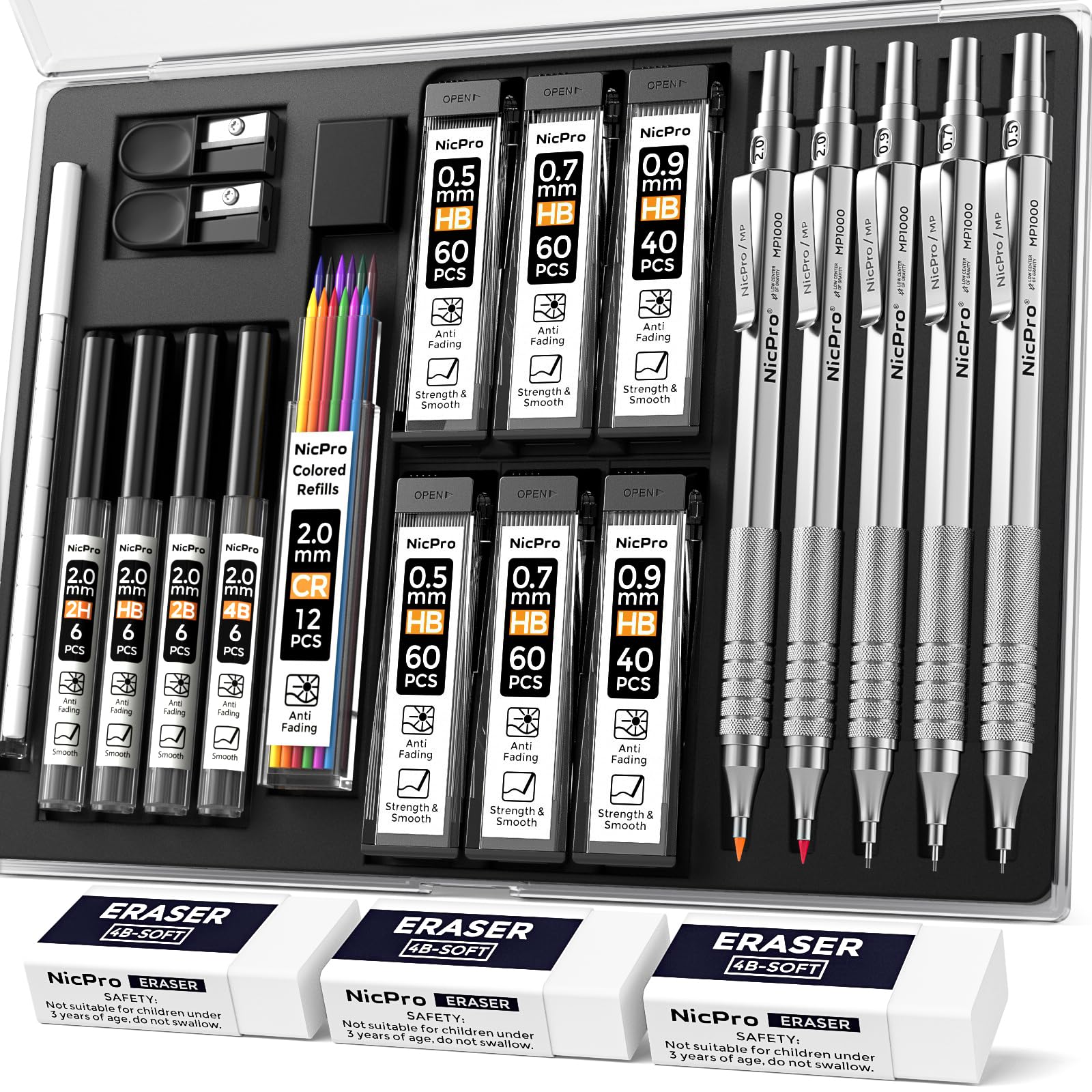 Nicpro 22PCS Metal Mechanical Pencil Set in Case for Drawing Writing